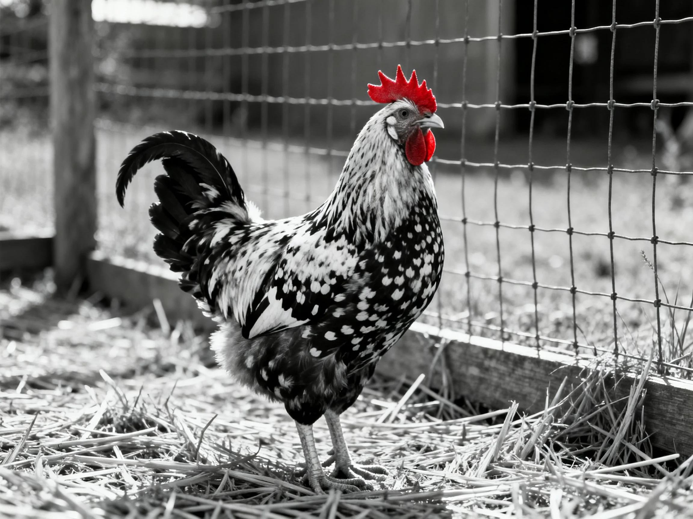 A rooster with vibrant red comb near a wire fence
