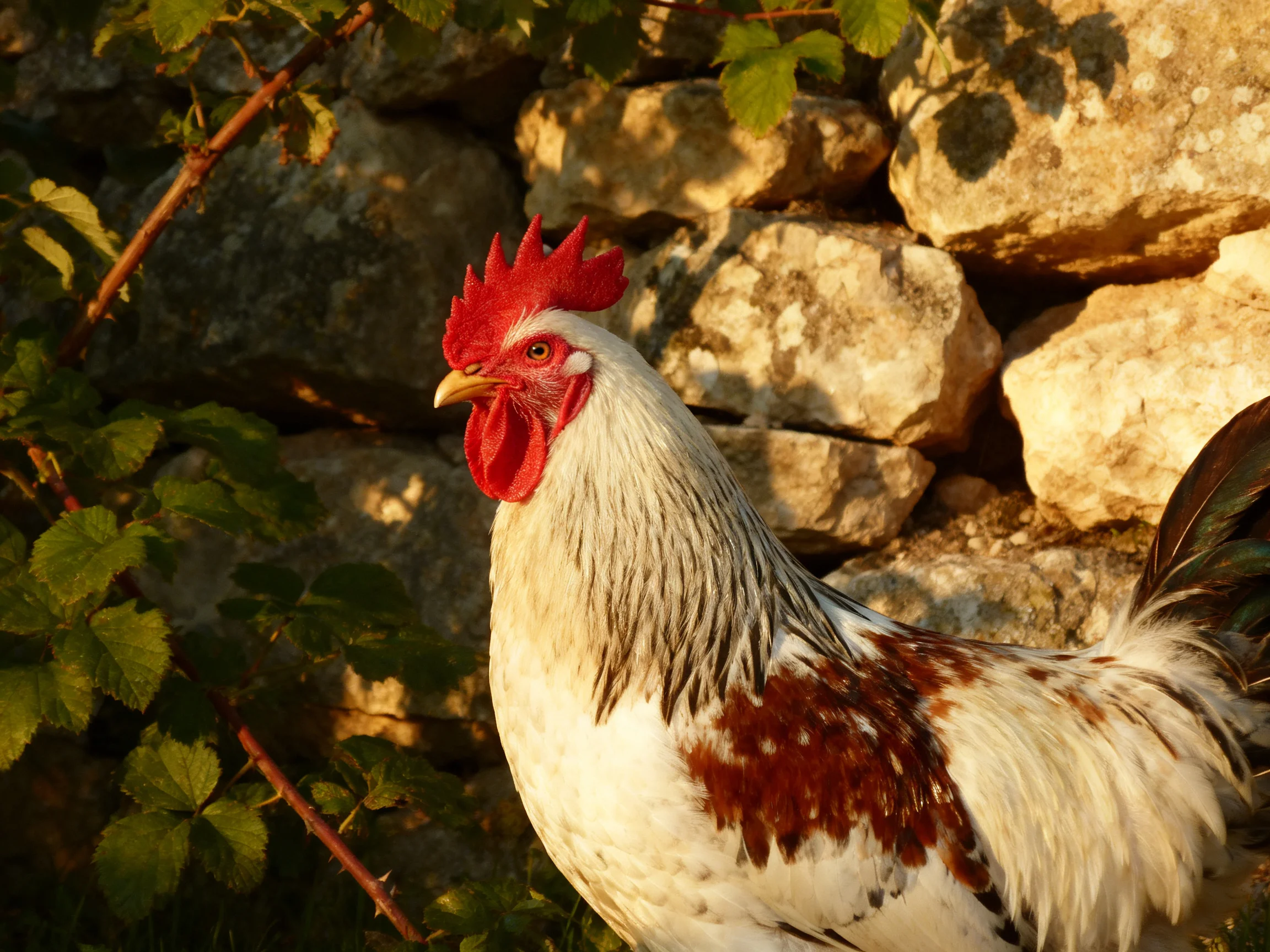 A rooster stands near an aged stone wall with surrounding greenery in a sunlit setting.