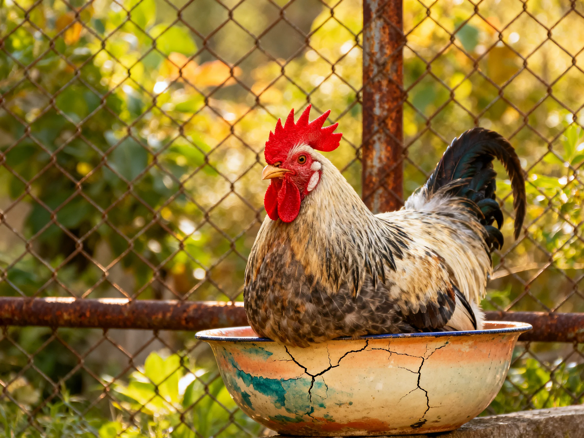 A rooster with a bright red comb rests in a cracked bowl next to a wire fence.