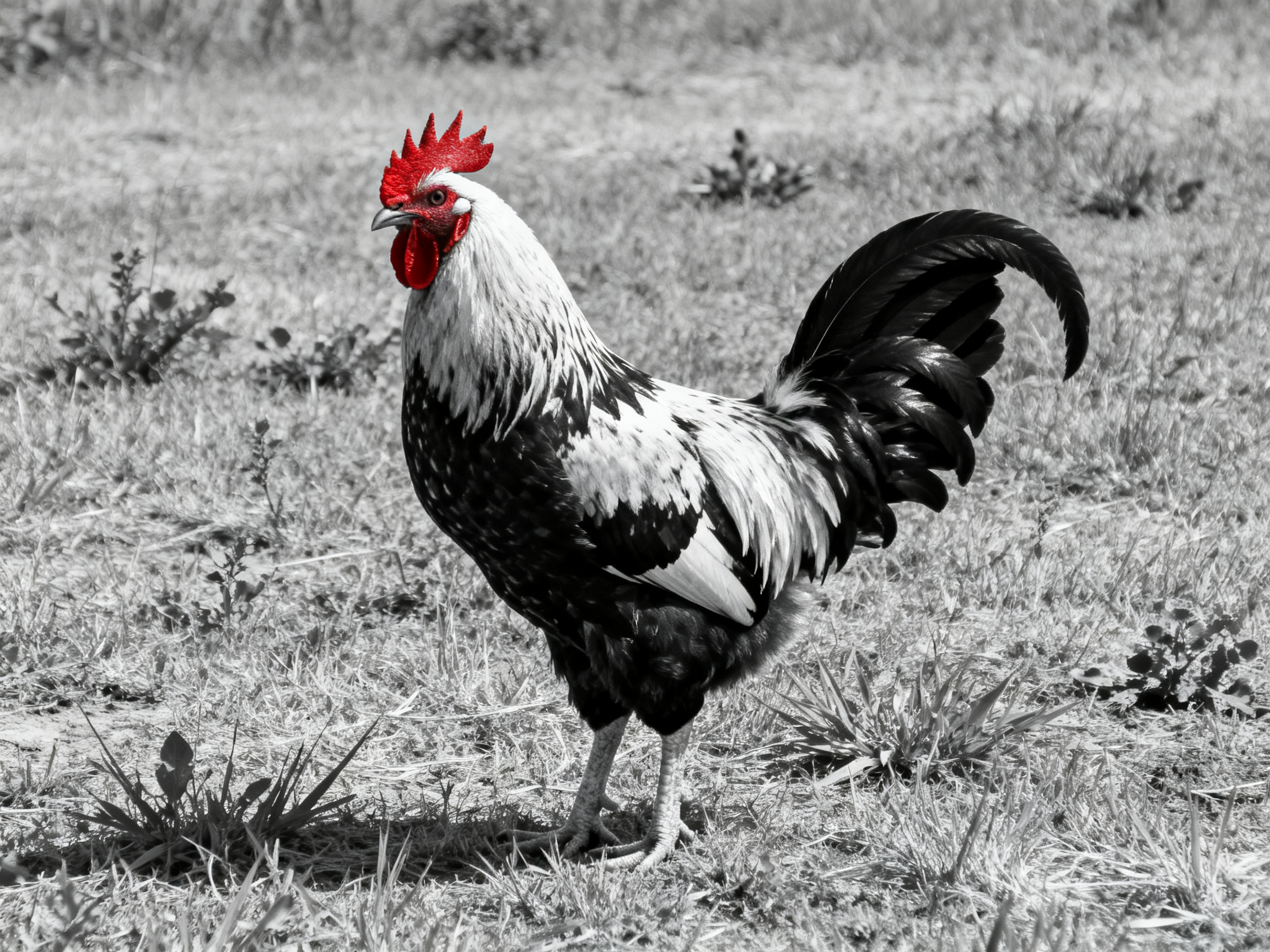 A rooster with vibrant red comb stands in a grassy field