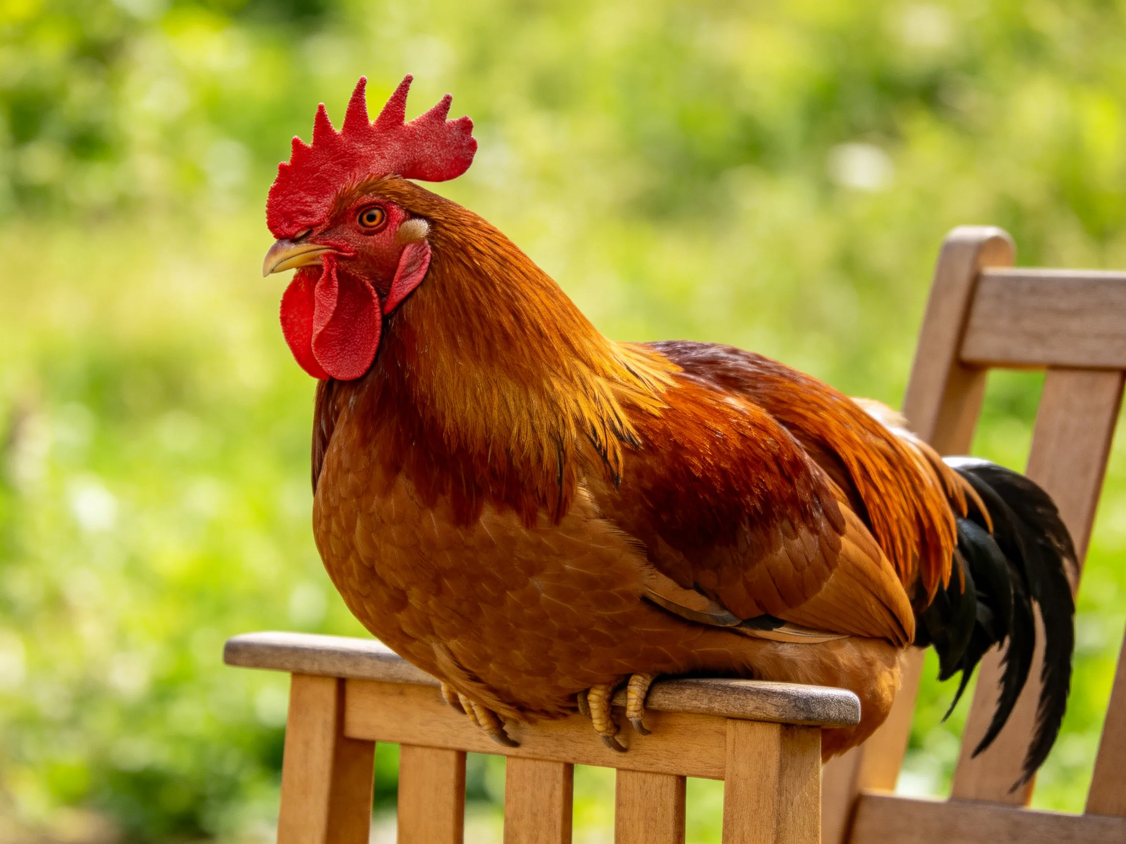 A rooster with vivid red comb and glossy brown feathers perched on an outdoor wooden chair