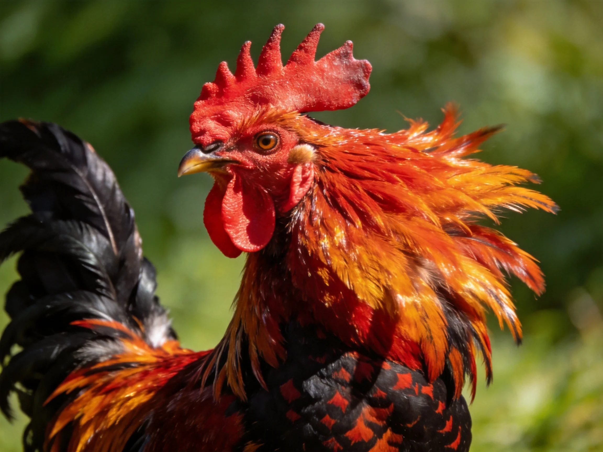 A rooster with vivid red comb and multicolored plumage