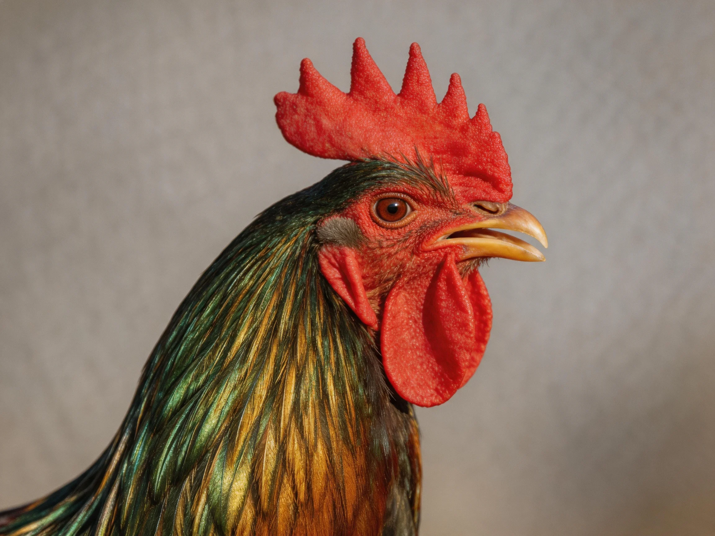 A rooster with vivid red comb and multicolored plumage