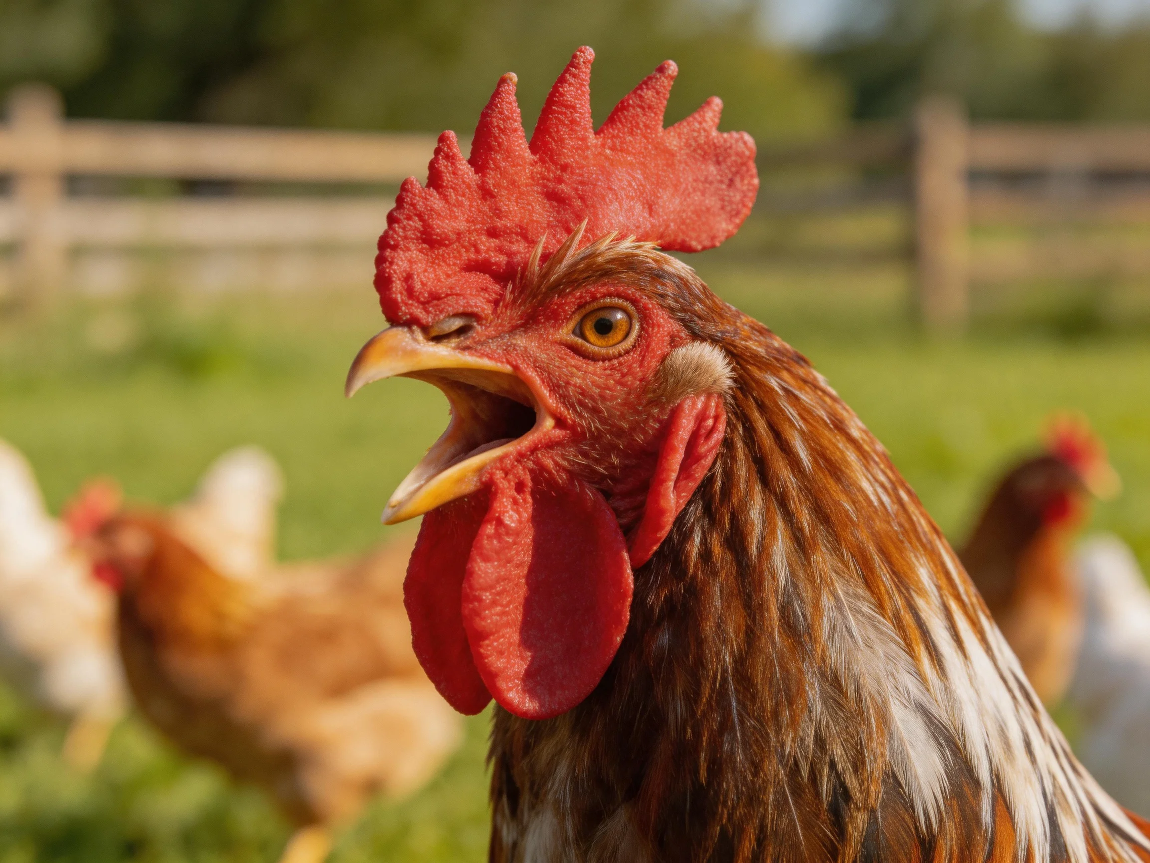 A rooster with vivid red comb and wattles among chickens in a sunlit farm setting.