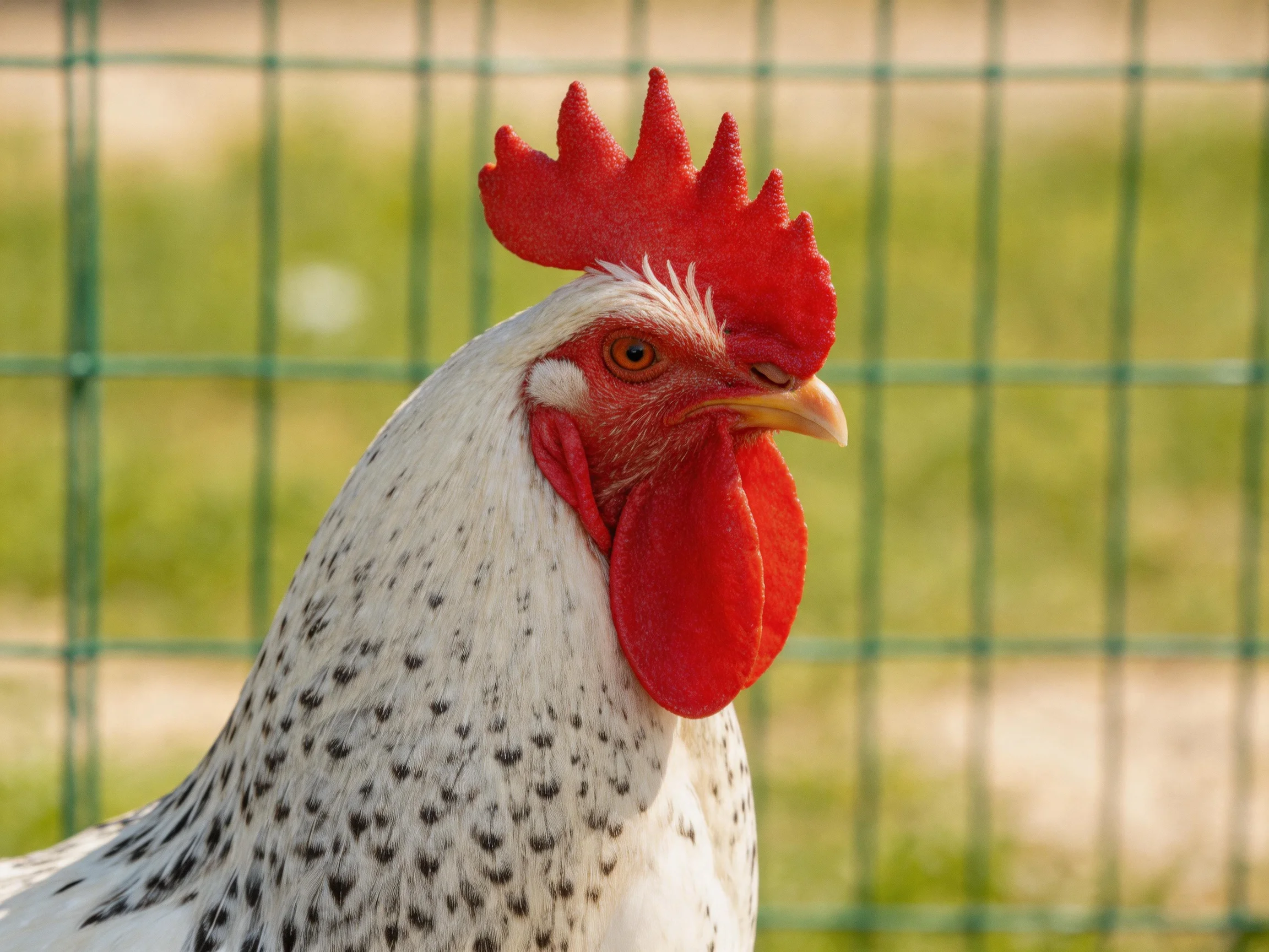 A rooster with vivid red comb and white speckled feathers near green wire fencing
