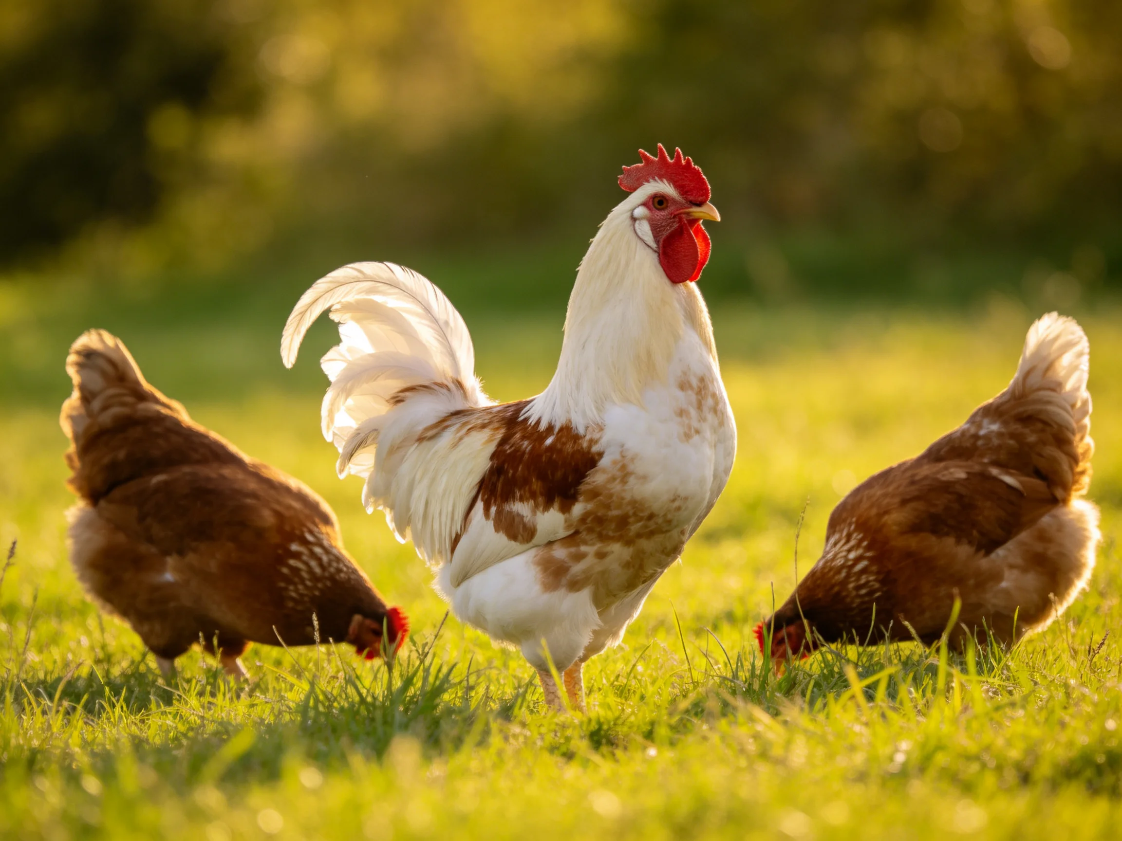 Three chickens forage together in a sunlit grassy field