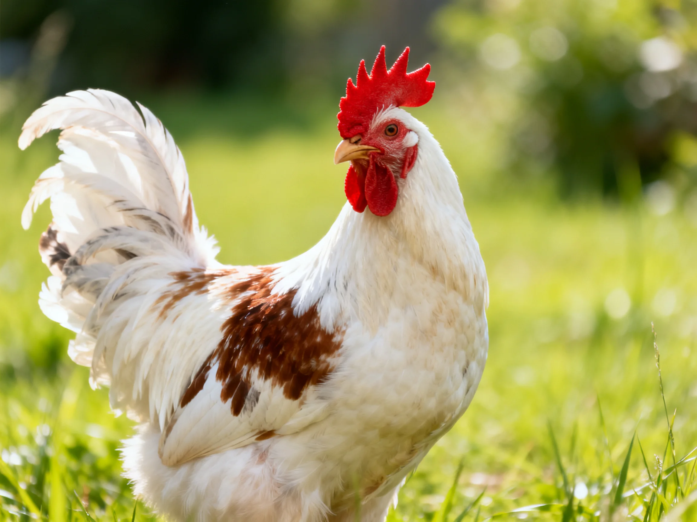 A rooster with white and brown plumage has a bright red comb on green grass