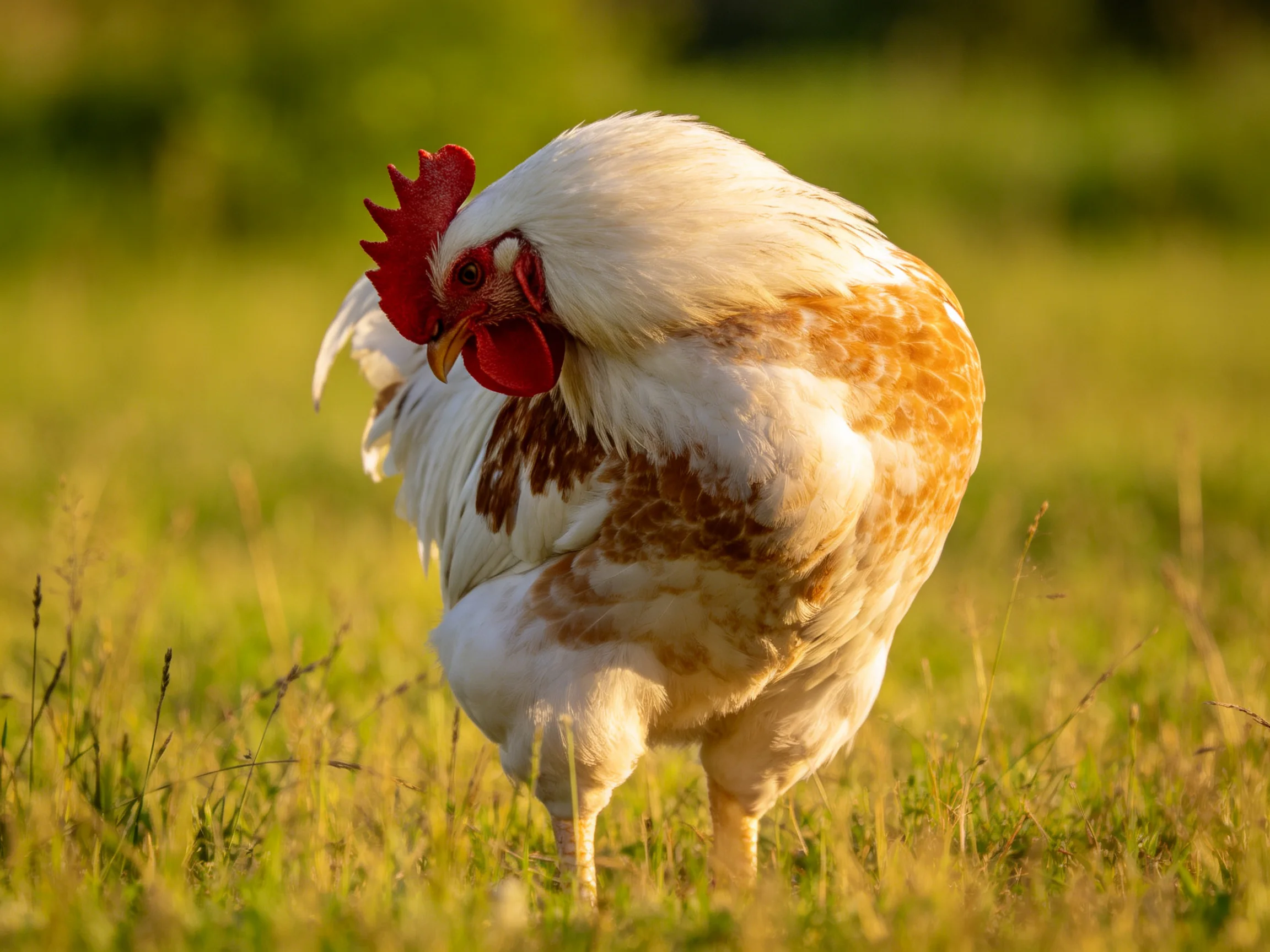A rooster with white and brown plumage pecks at the ground in a sunlit grassy field.