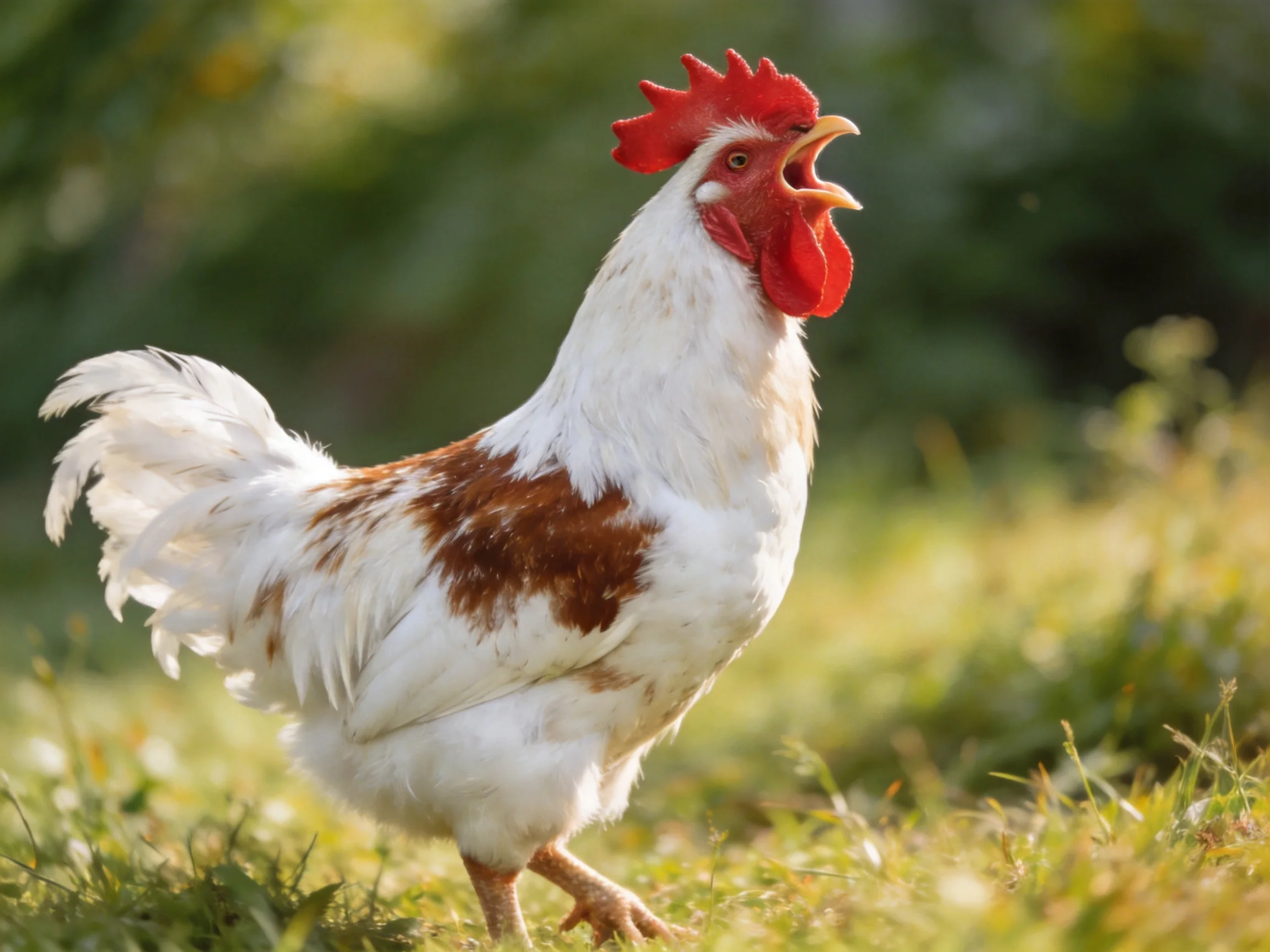 A rooster with white and brown plumage, red comb, standing on grass