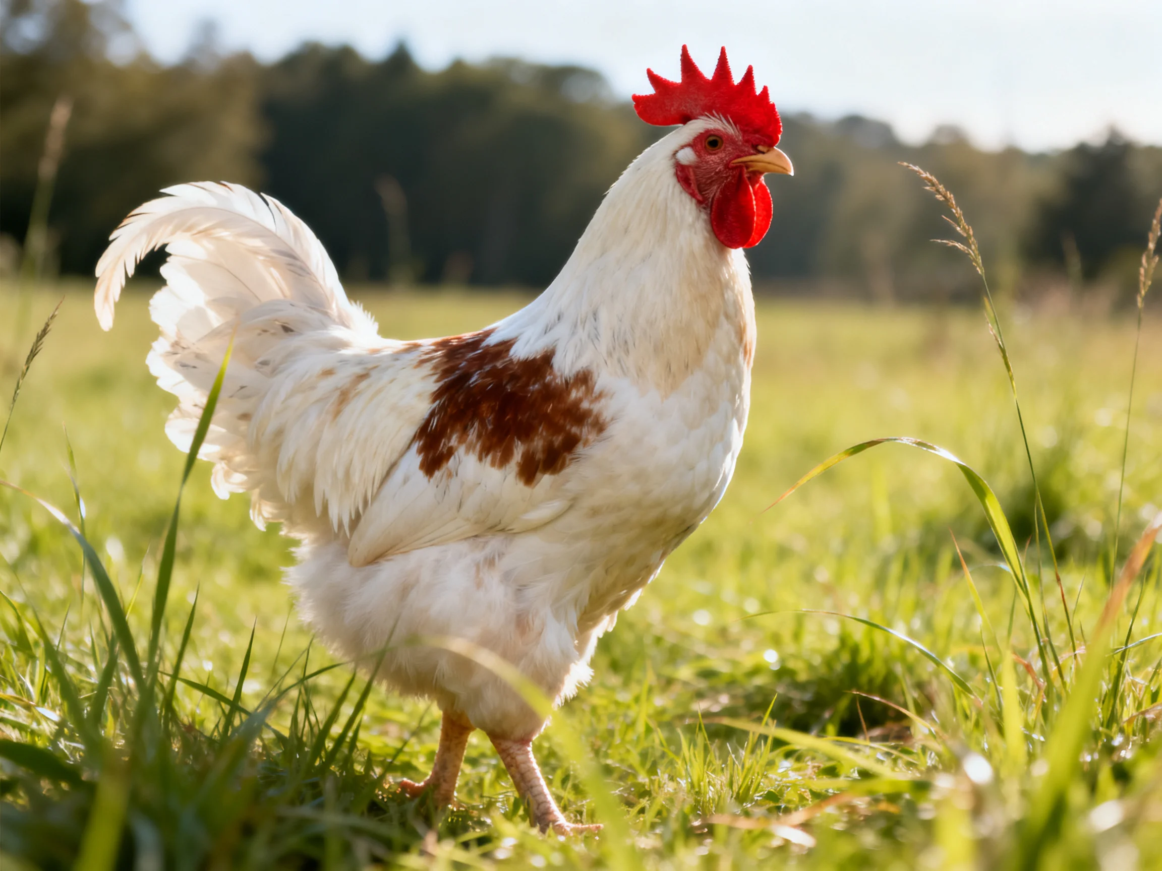 A rooster with white and brown feathers moves through a sunlit grassy area.