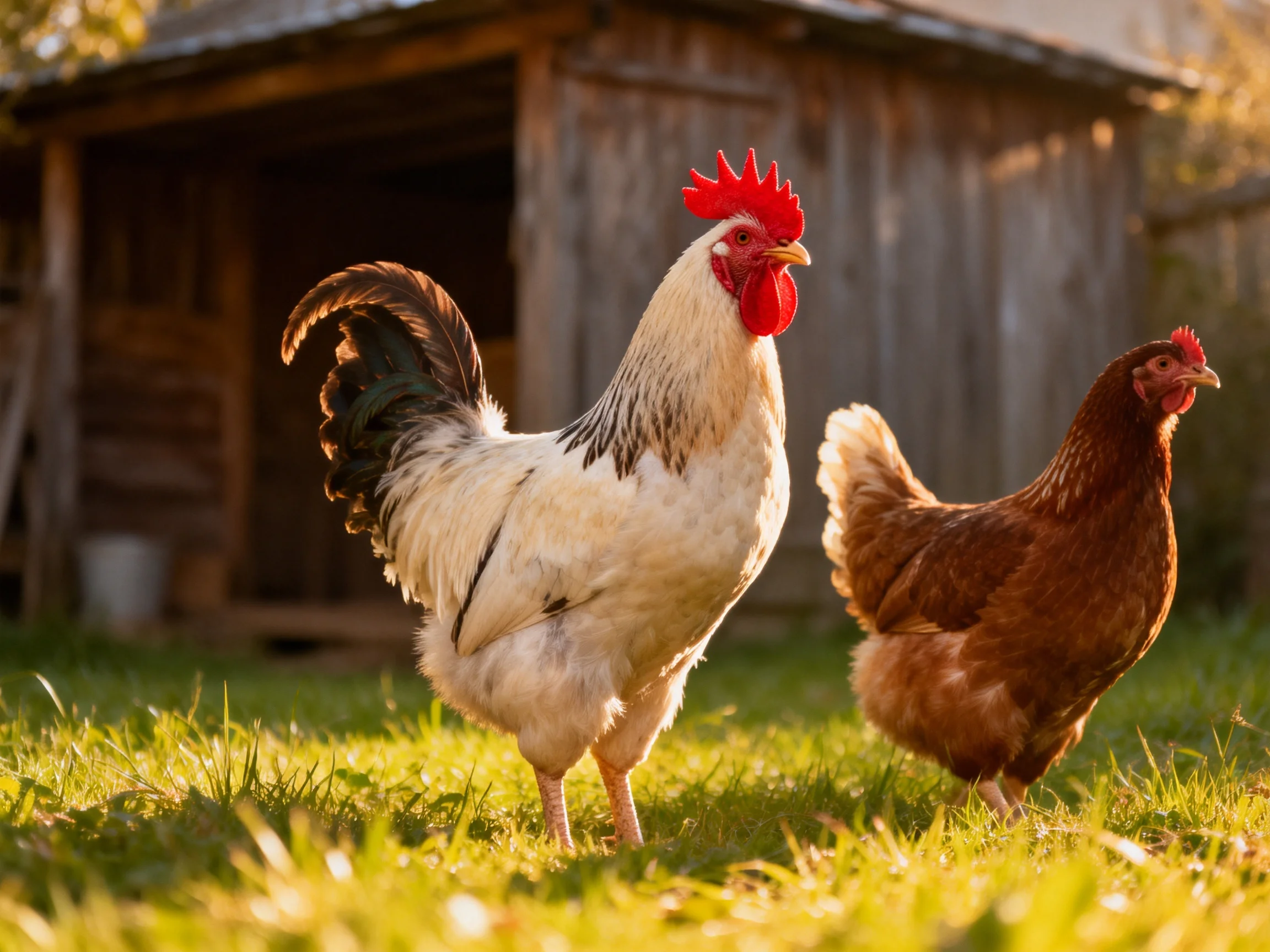 A rooster with white and dark feathers stands beside a brown hen near an aged wooden barn