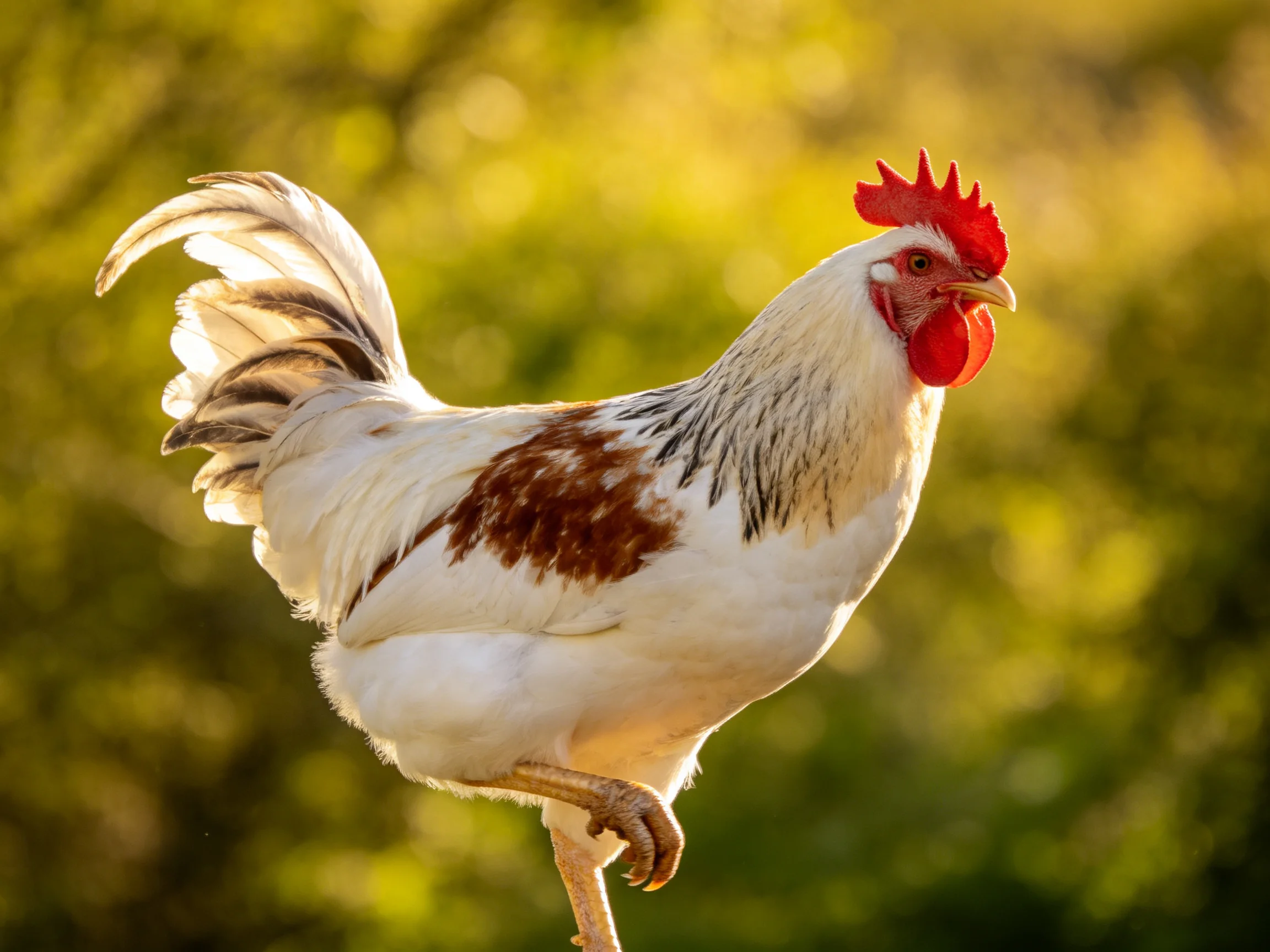 A rooster with white feathers, brown markings, red comb, in a sunlit outdoor setting