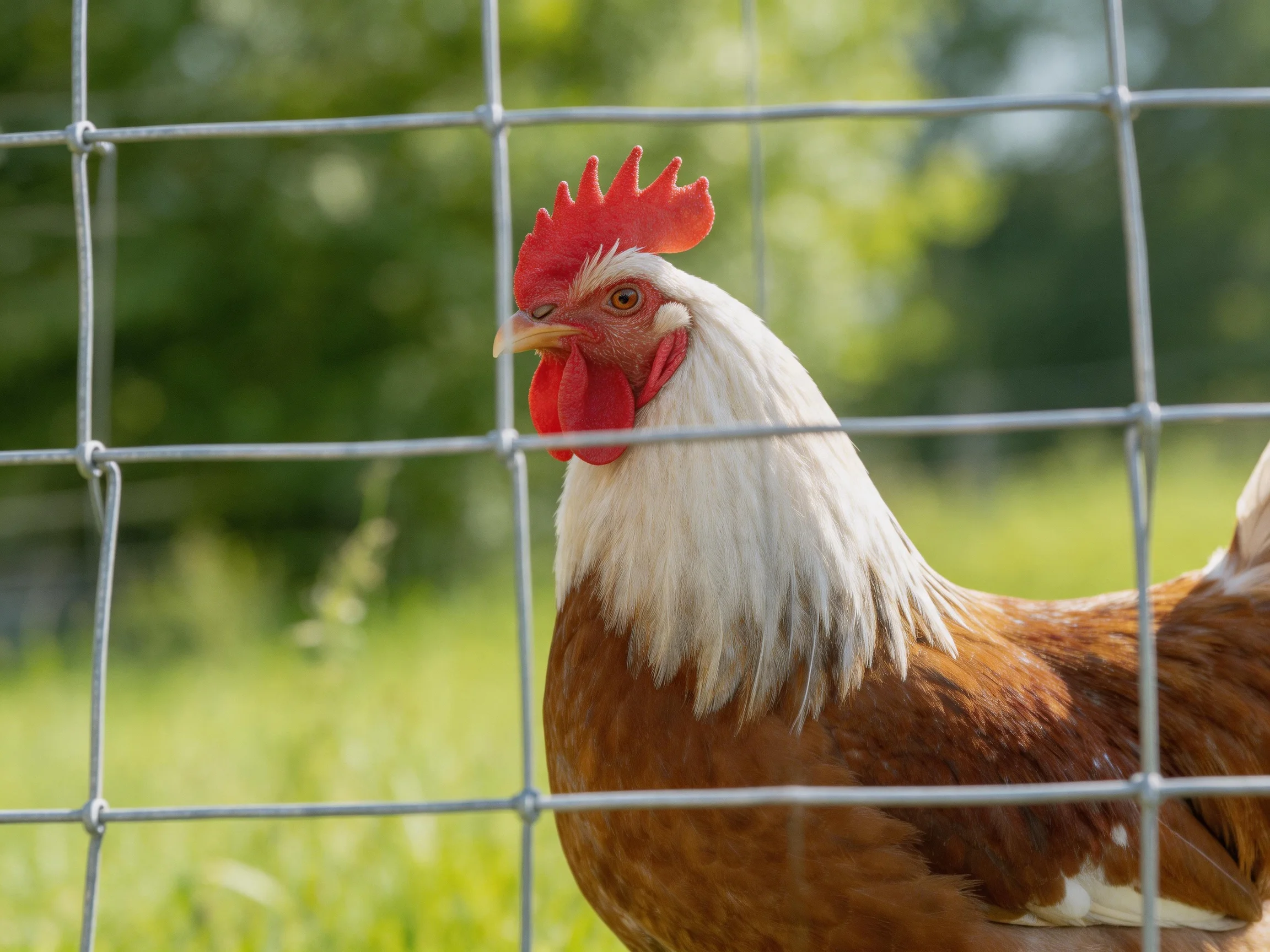 A rooster with white neck, brown body, and red comb near a metal wire fence
