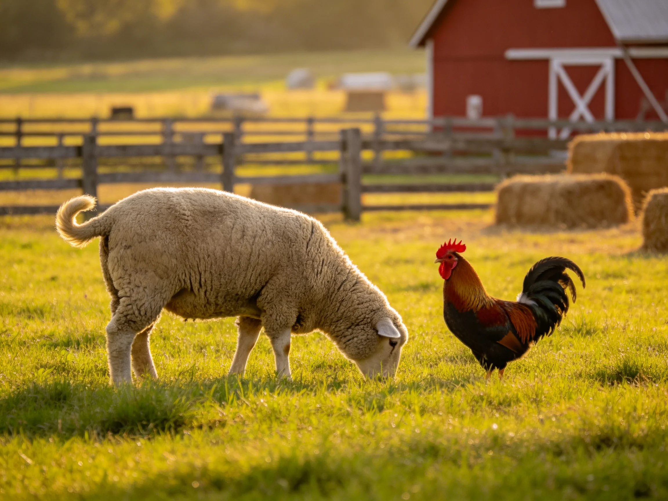 A sheep grazes beside a rooster in a sunlit farm field with a red barn