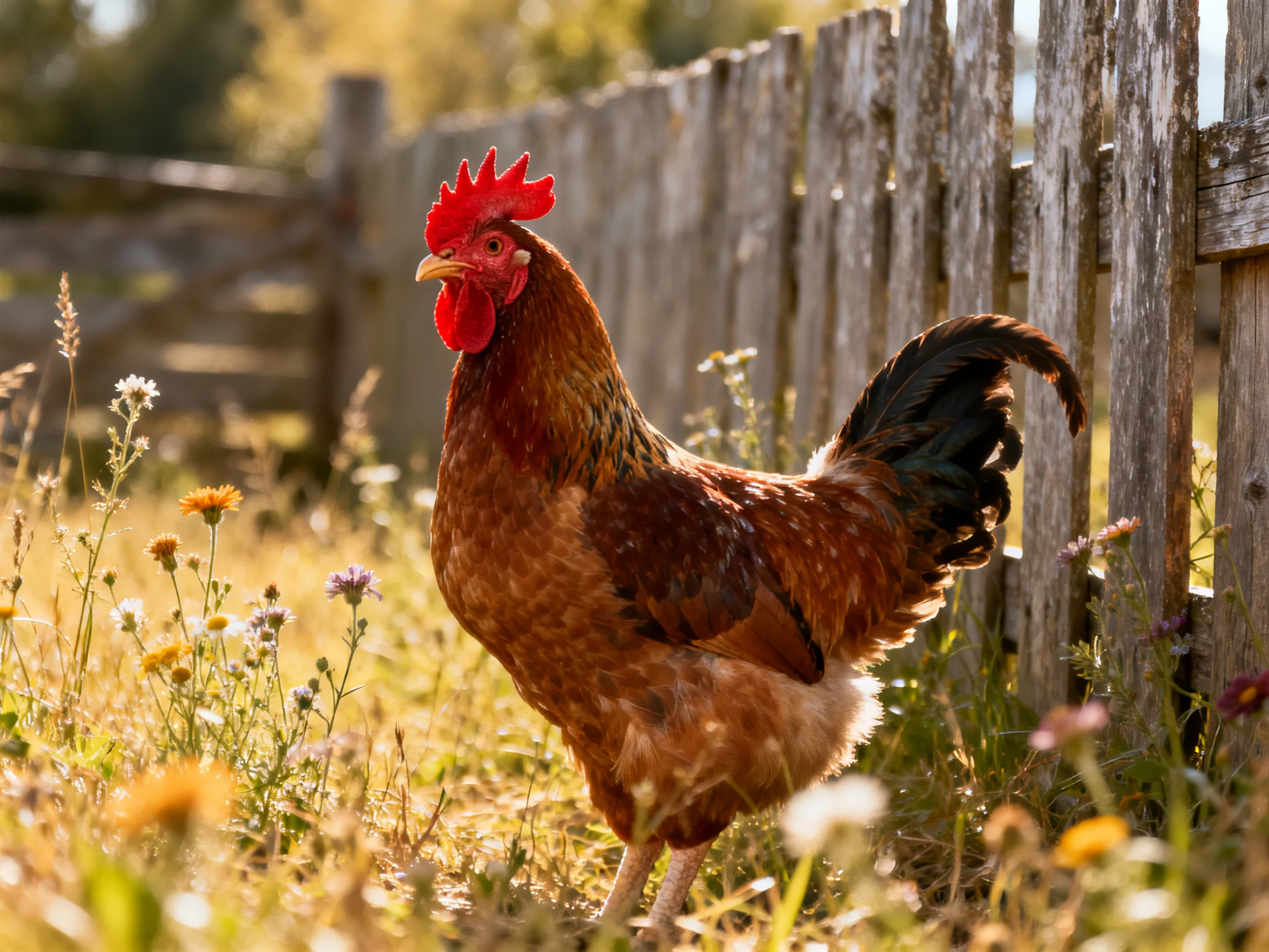 A single brown rooster near an aged wooden fence