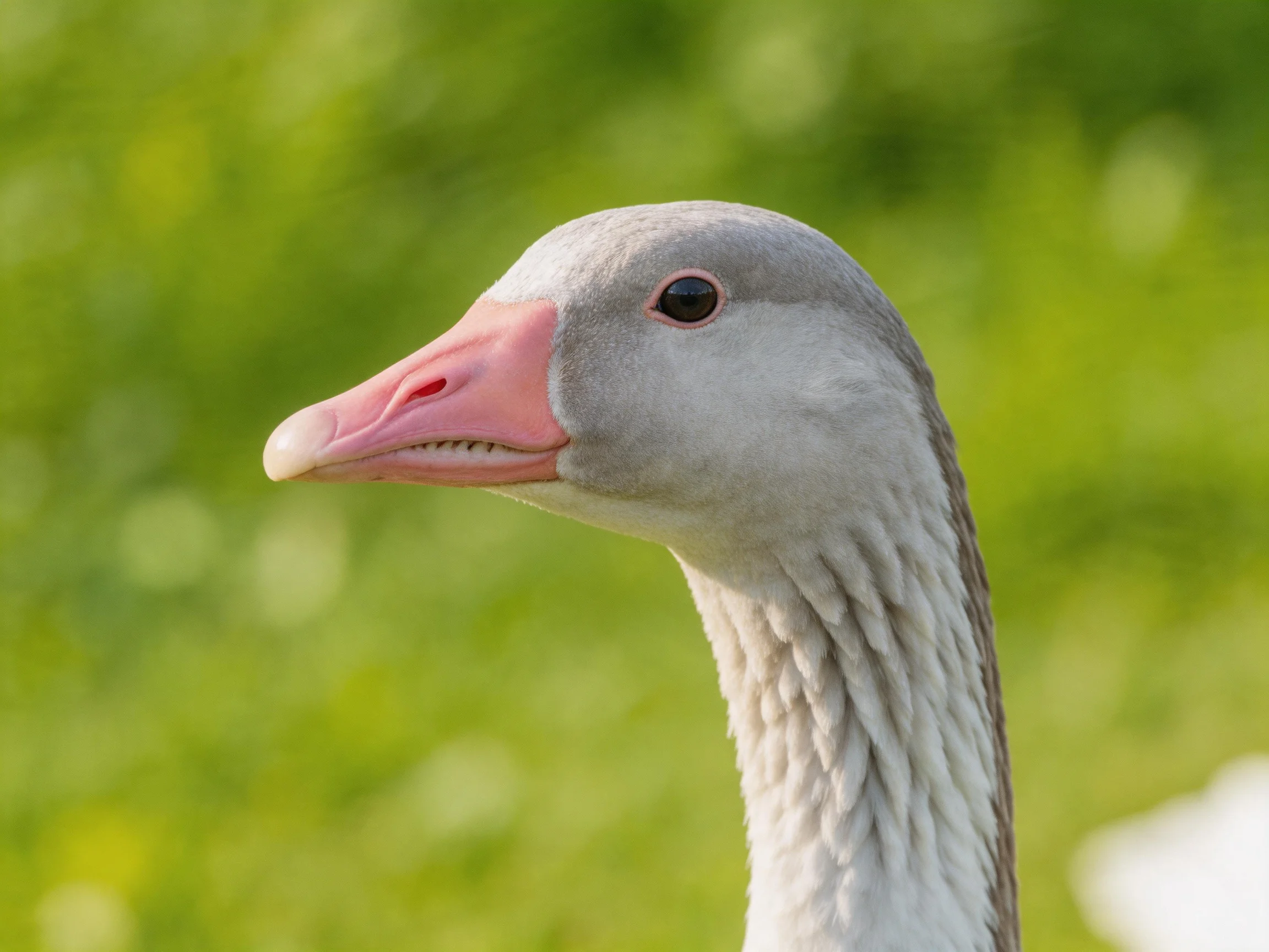 A single gray -athered goose with a pink beak near green foliage
