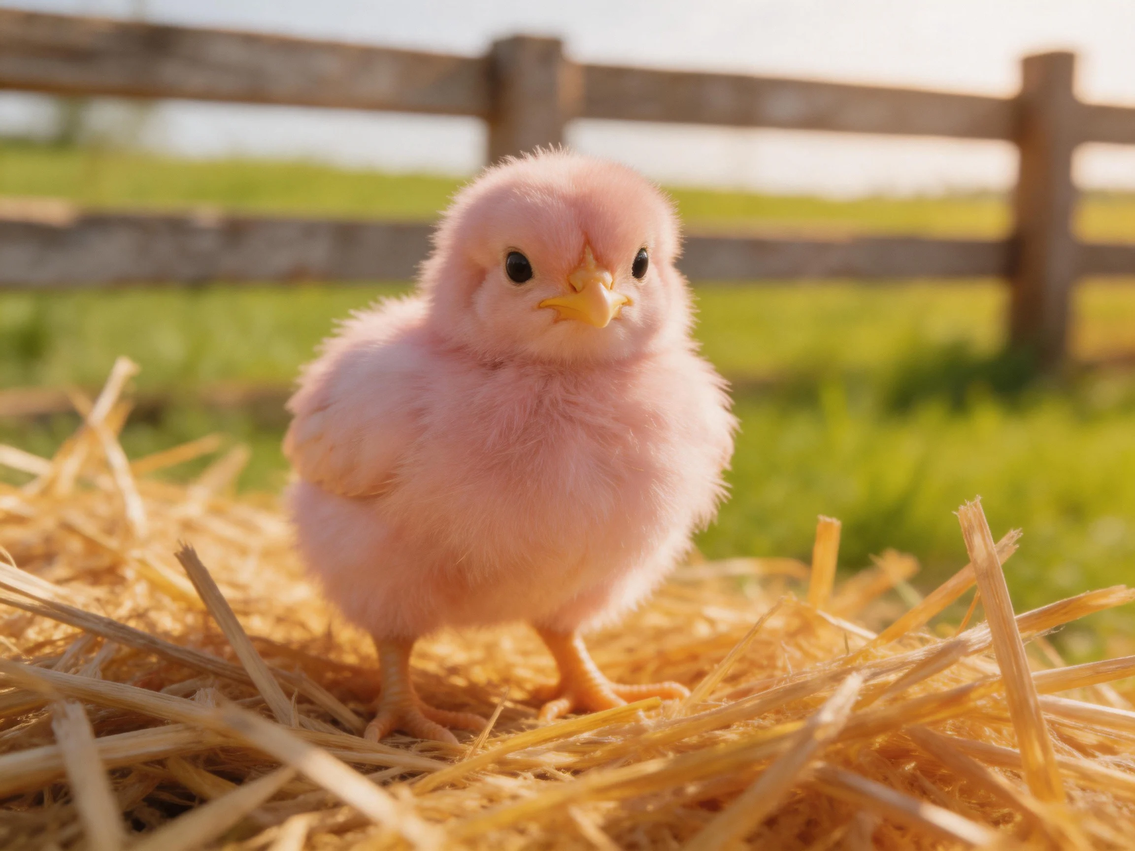 A single pink chick stands on golden straw by a wooden fence