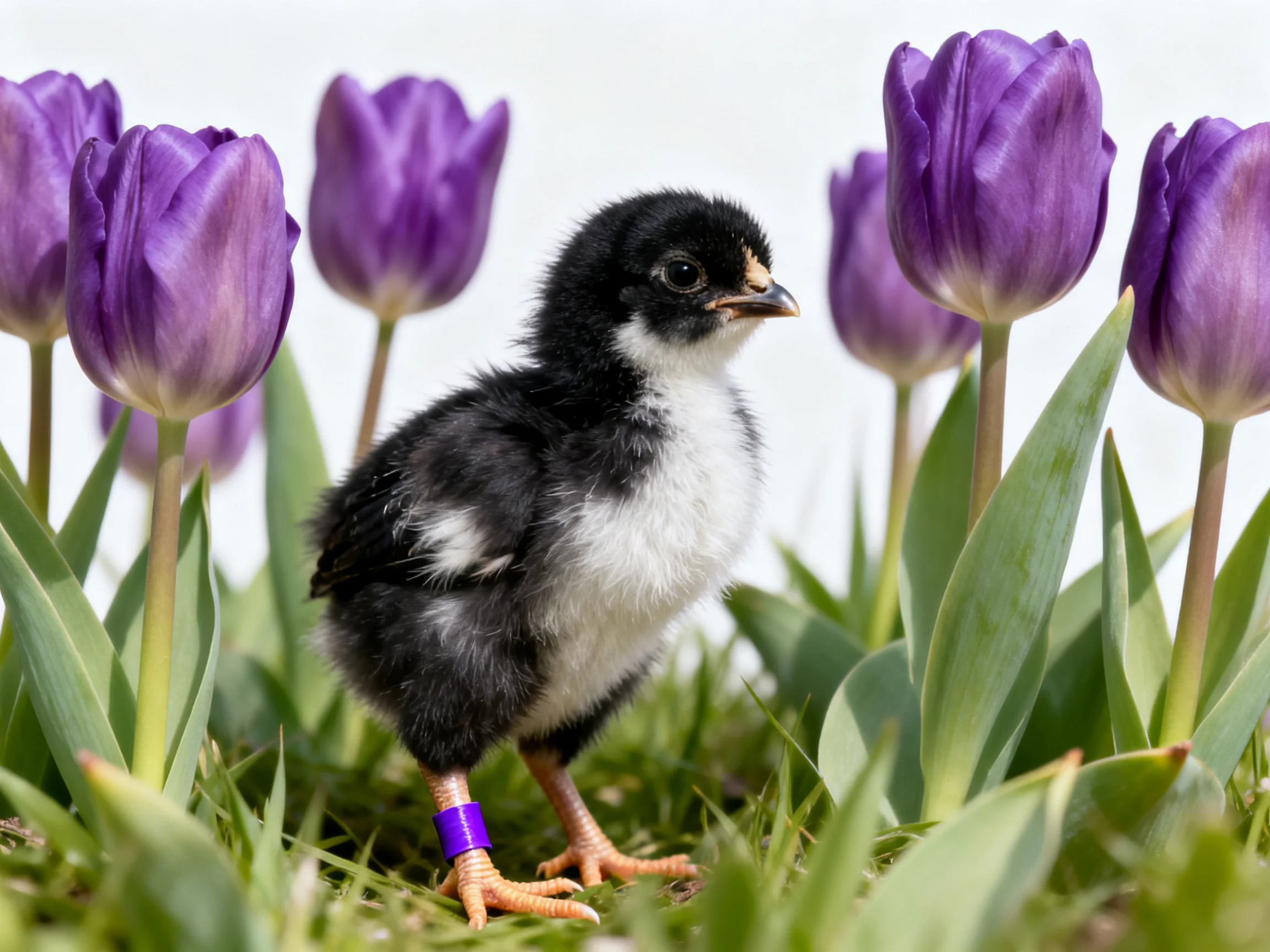 A small black-and-white chick among vibrant purple tulip blooms