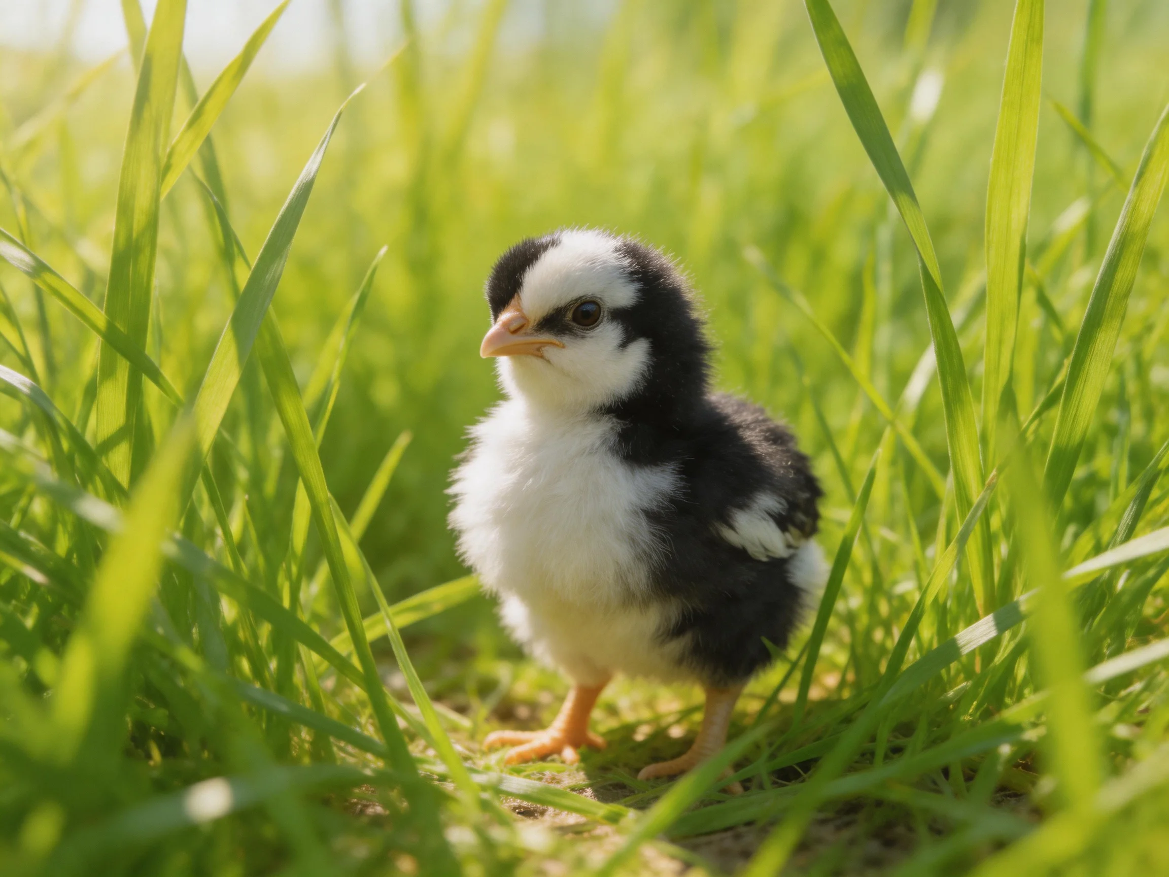 A small black-and-white chick stands among tall green grass