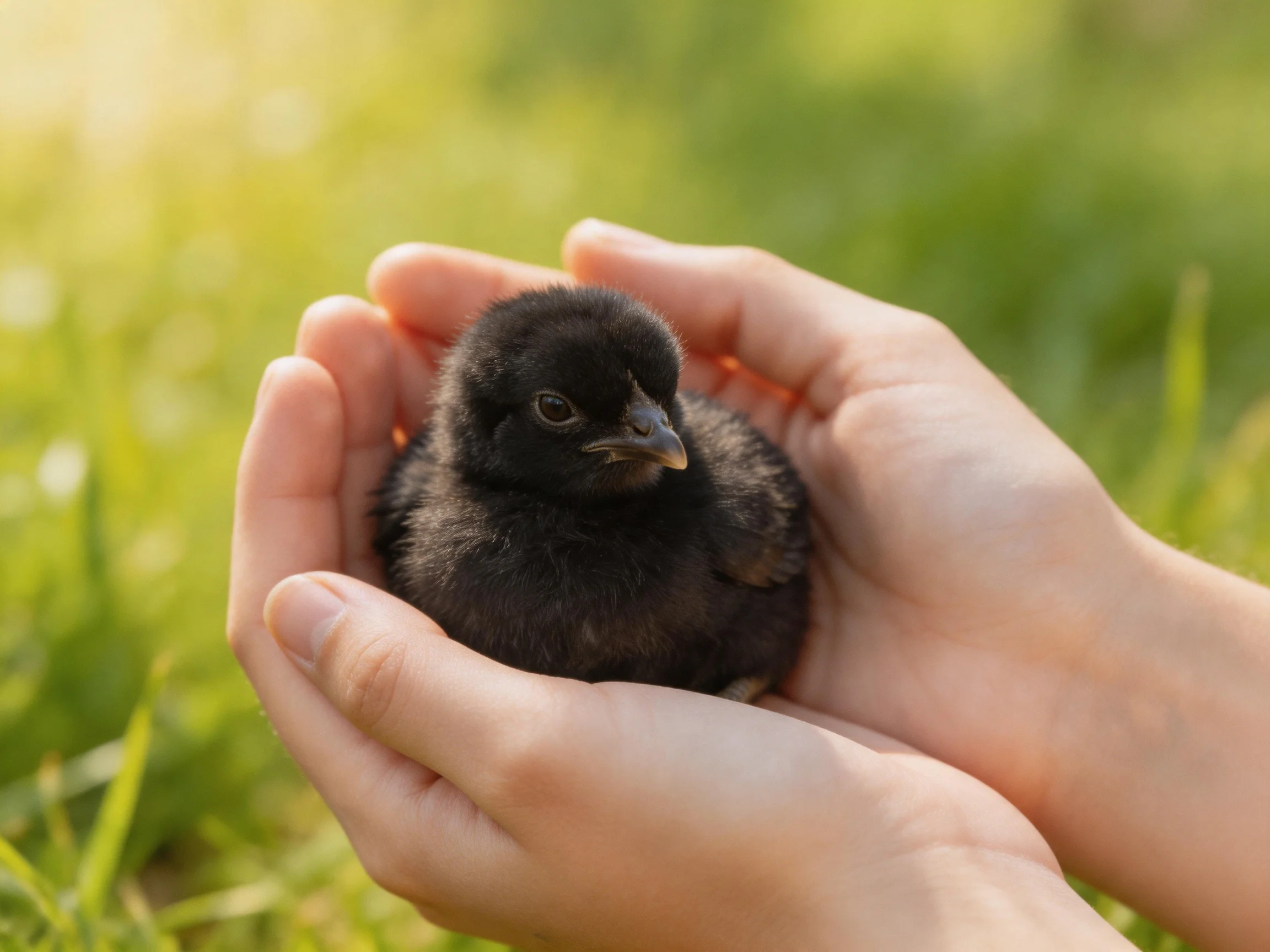 A small black chick cradled in cupped hands with green grass background
