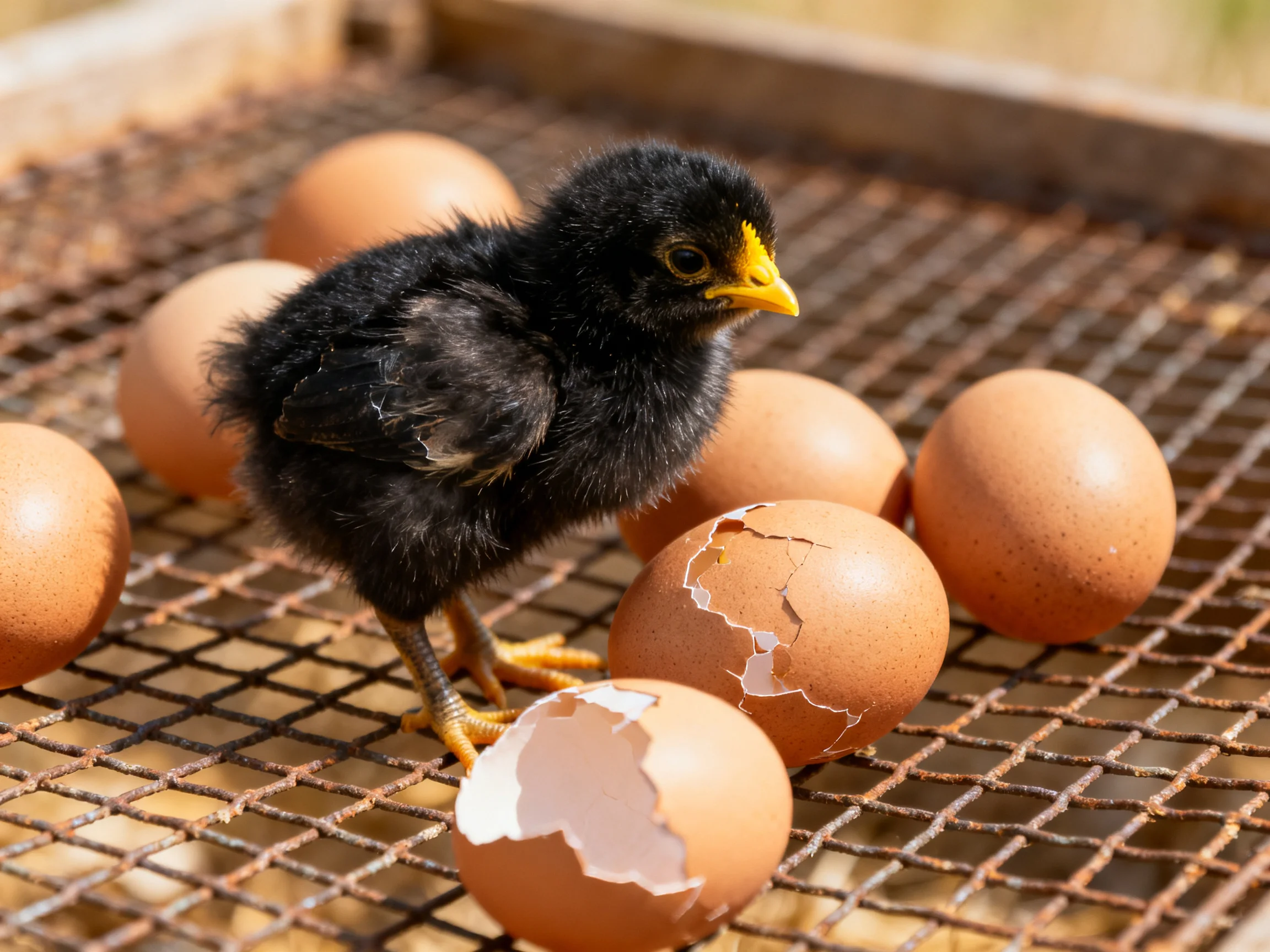 A small black chick near brown eggs on a rusty wire rack