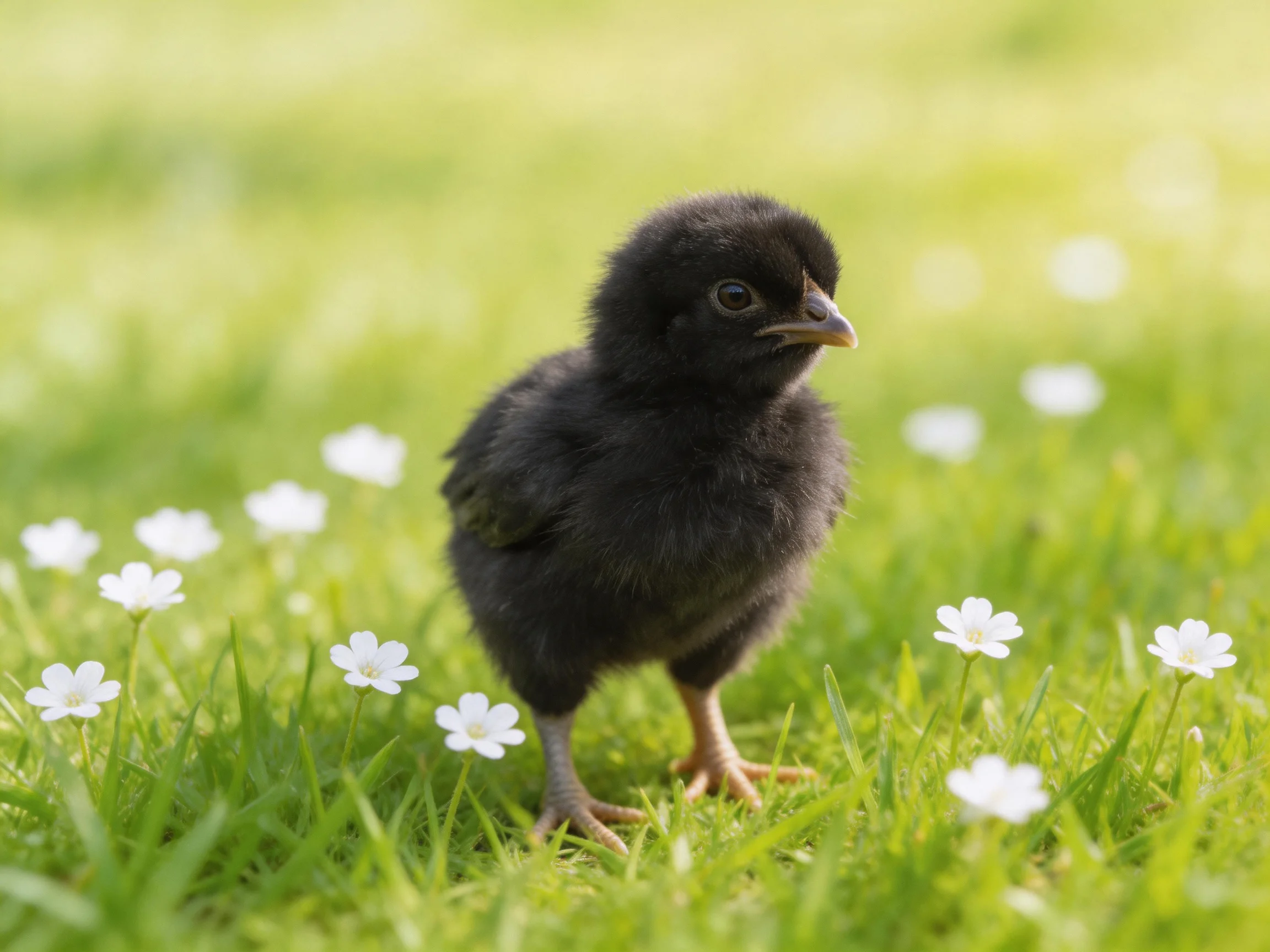 A small black chick standing among white flowers on lush green grass