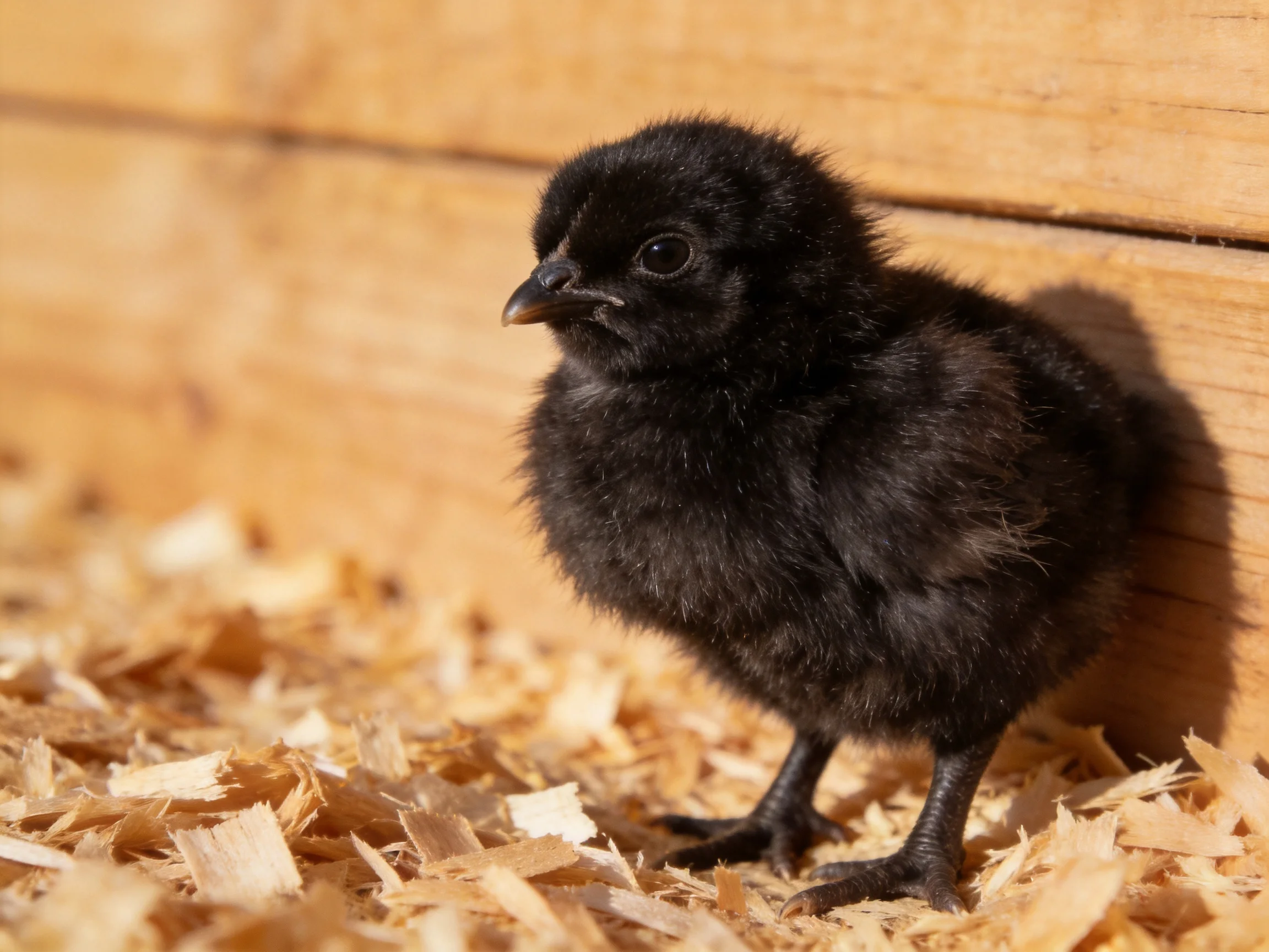 A small black chick standing on wood shavings near a wooden wall