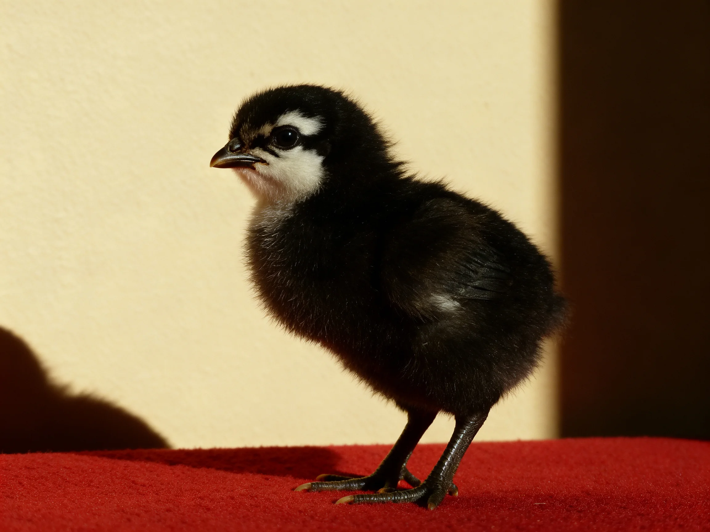 A small black chick with white facial markings stands on a red fabric surface