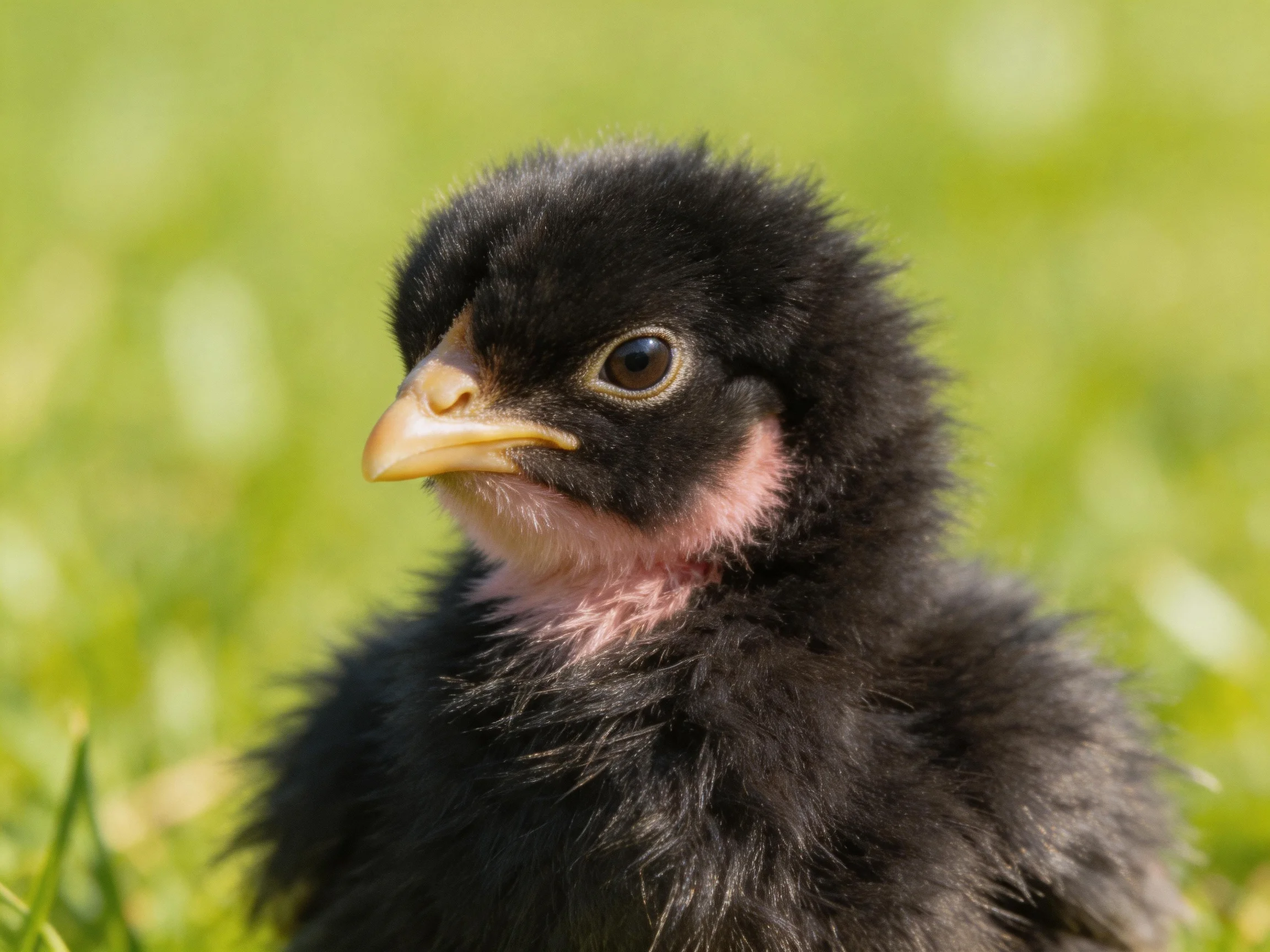A small black fluffy chick with pink neck on green grass
