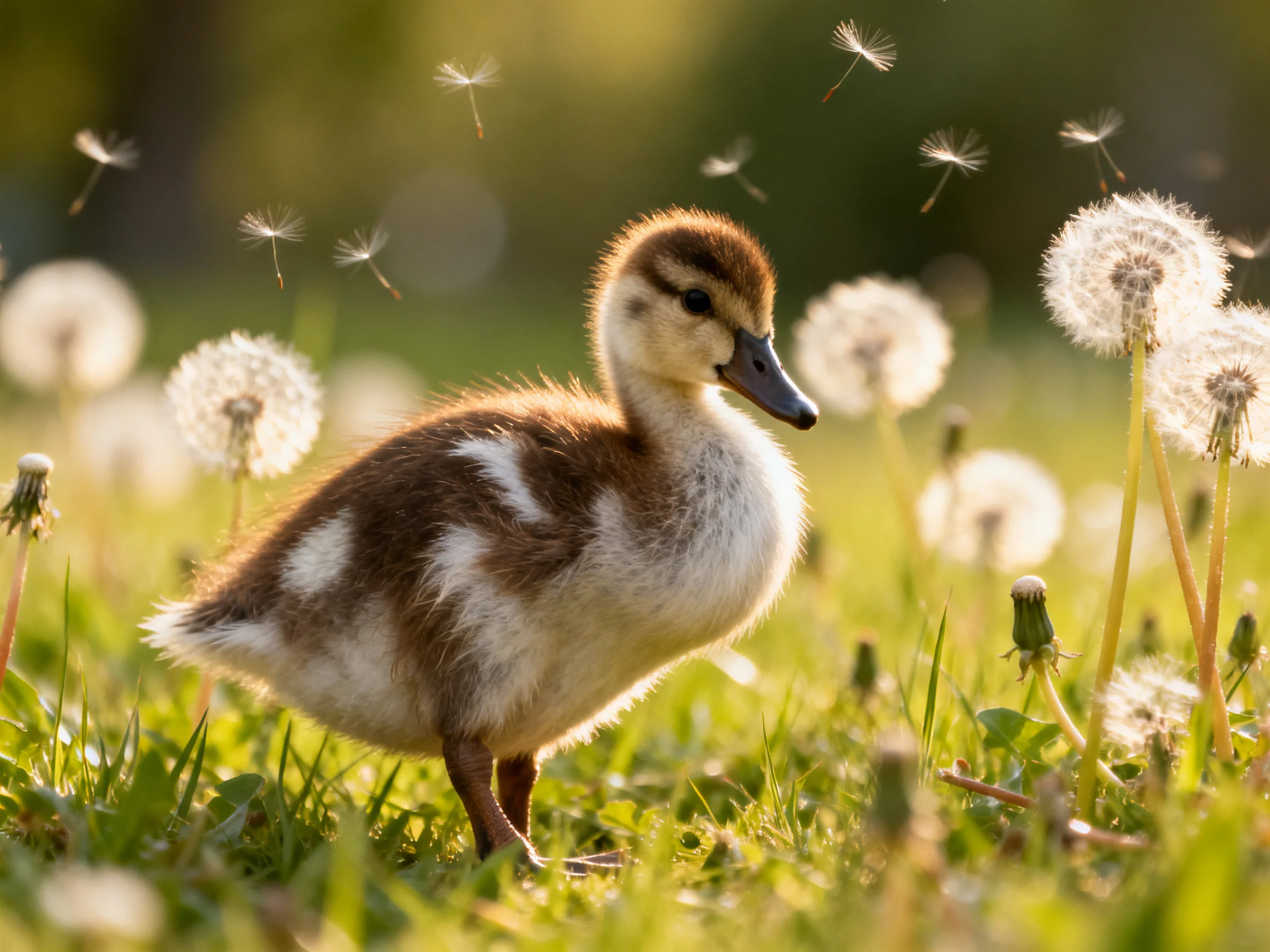 A small brown and cream duckling near blooming dandelions