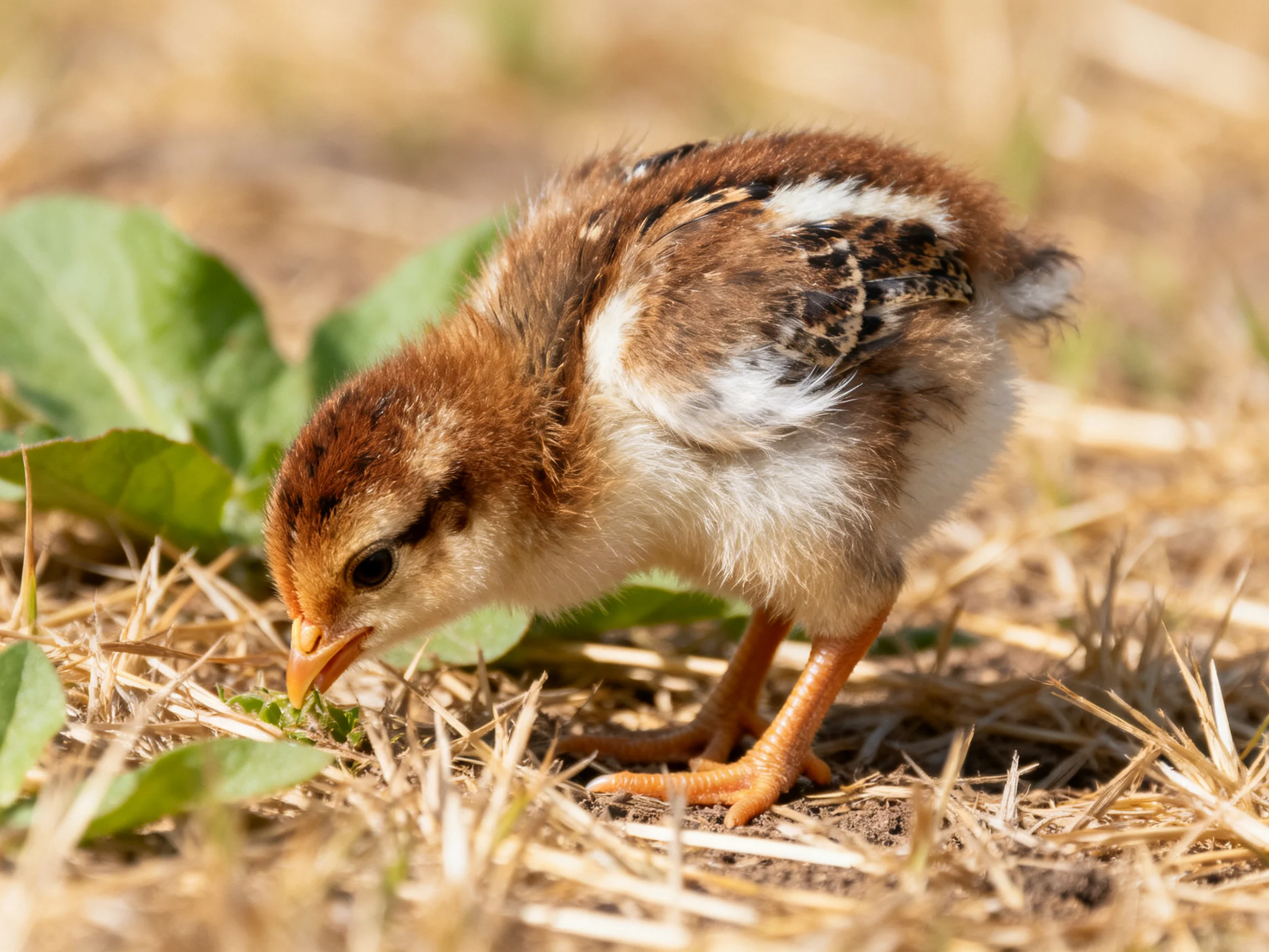 A small brown and white chick foraging among dry straw and green leaves