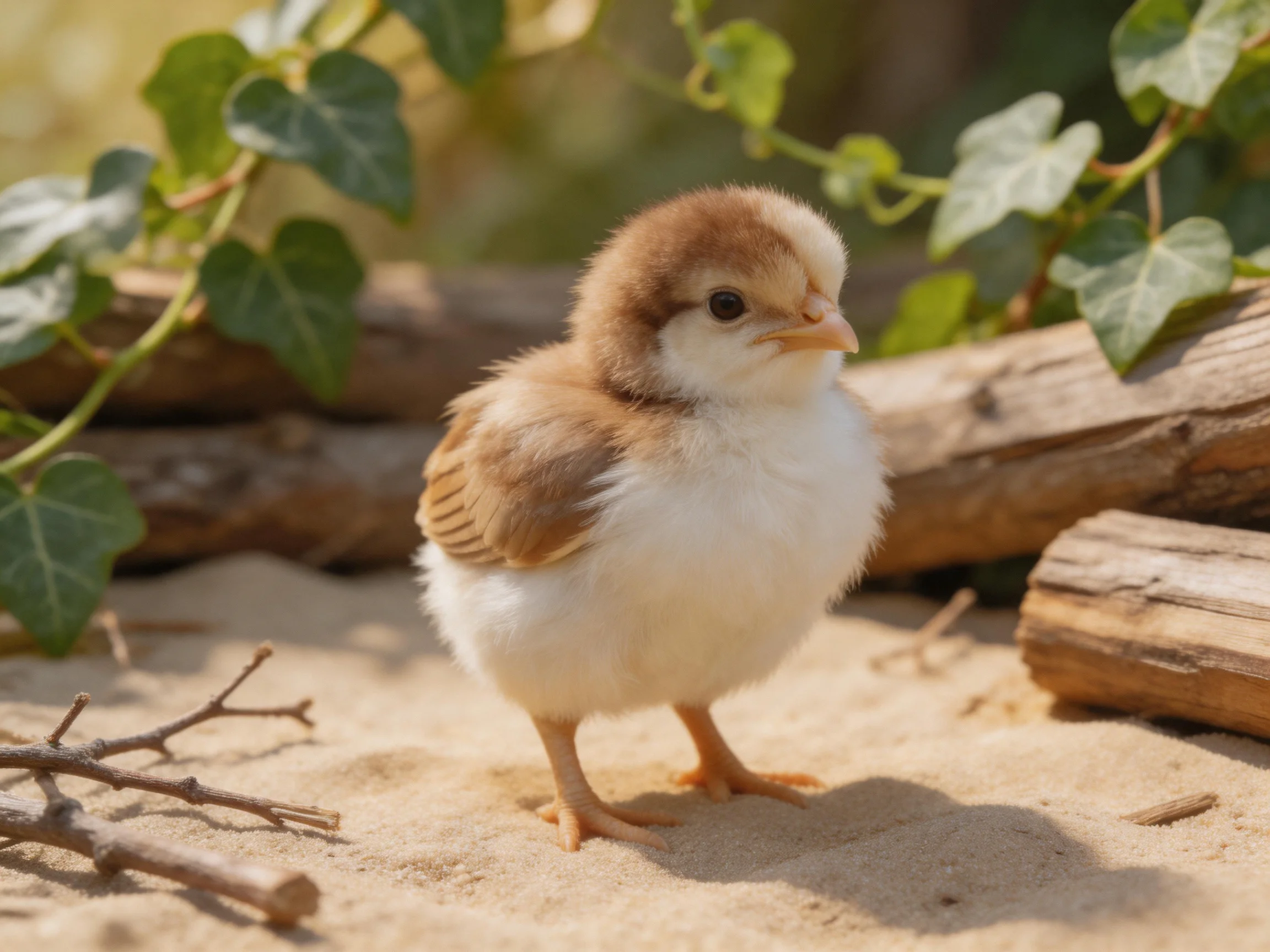 A small brown and white chick stands on sandy ground near wooden logs and green vines