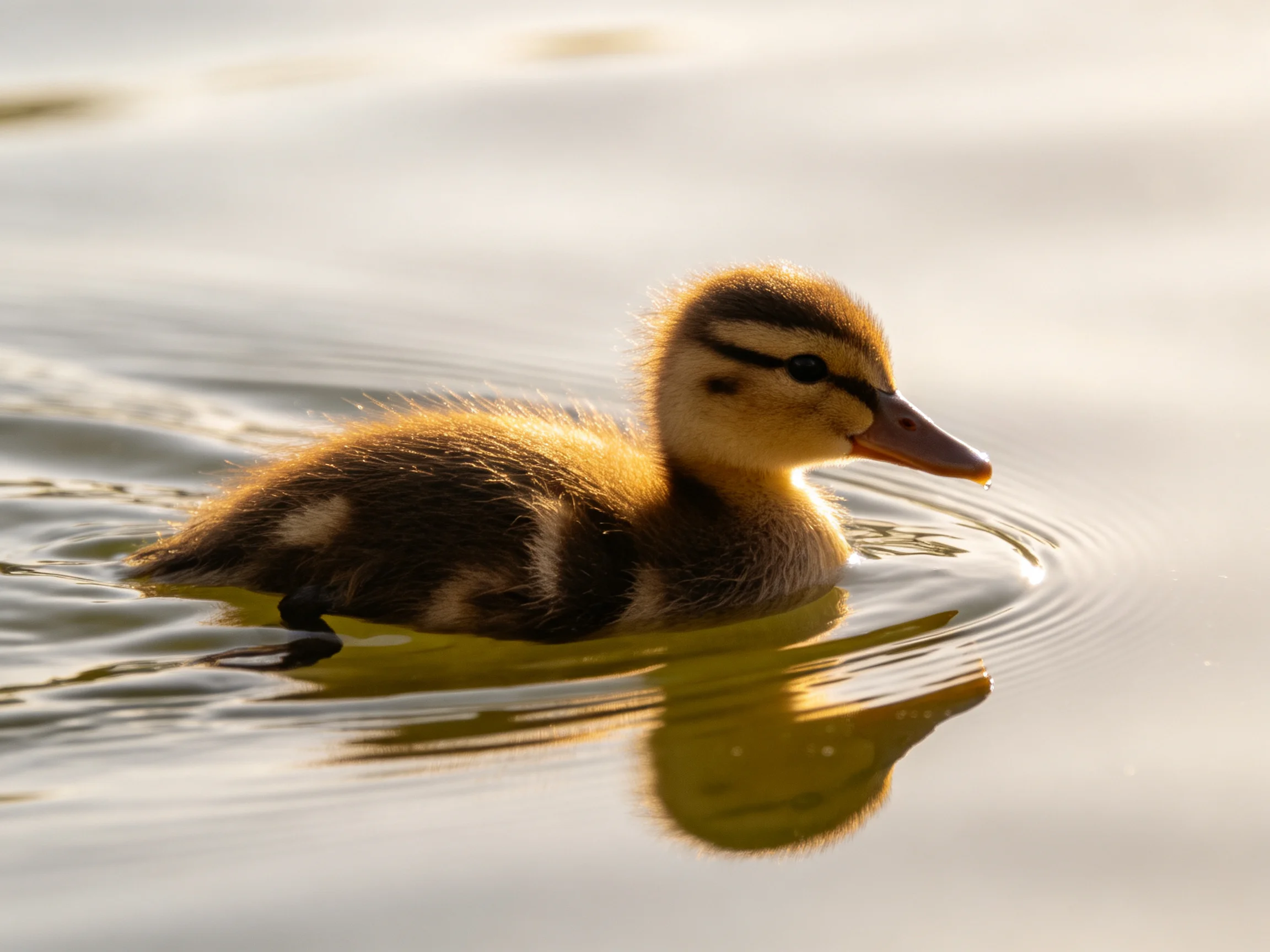 A small brown and yellow duckling swims in calm water