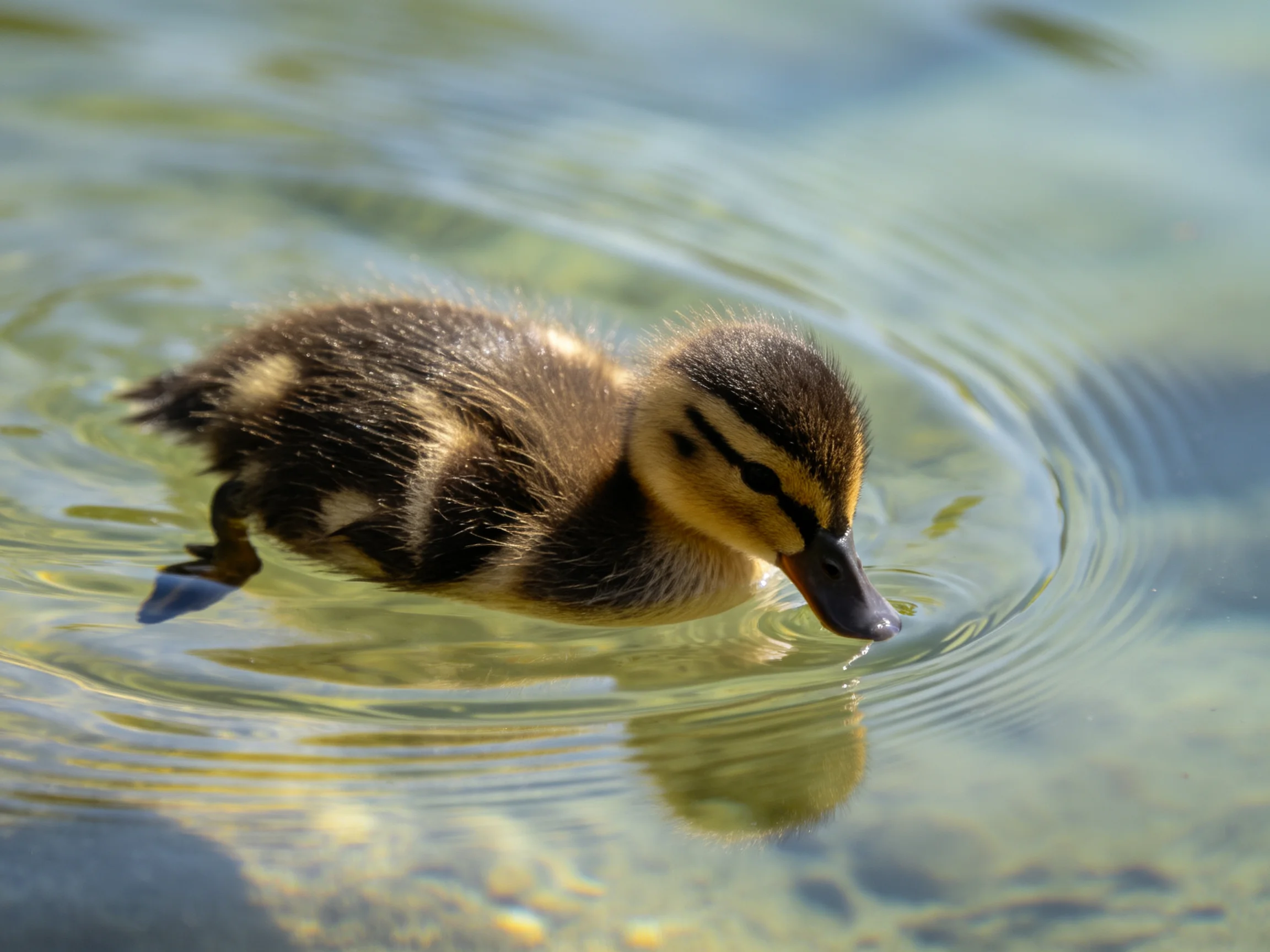 A small brown and yellow duckling swims in clear, rippling water