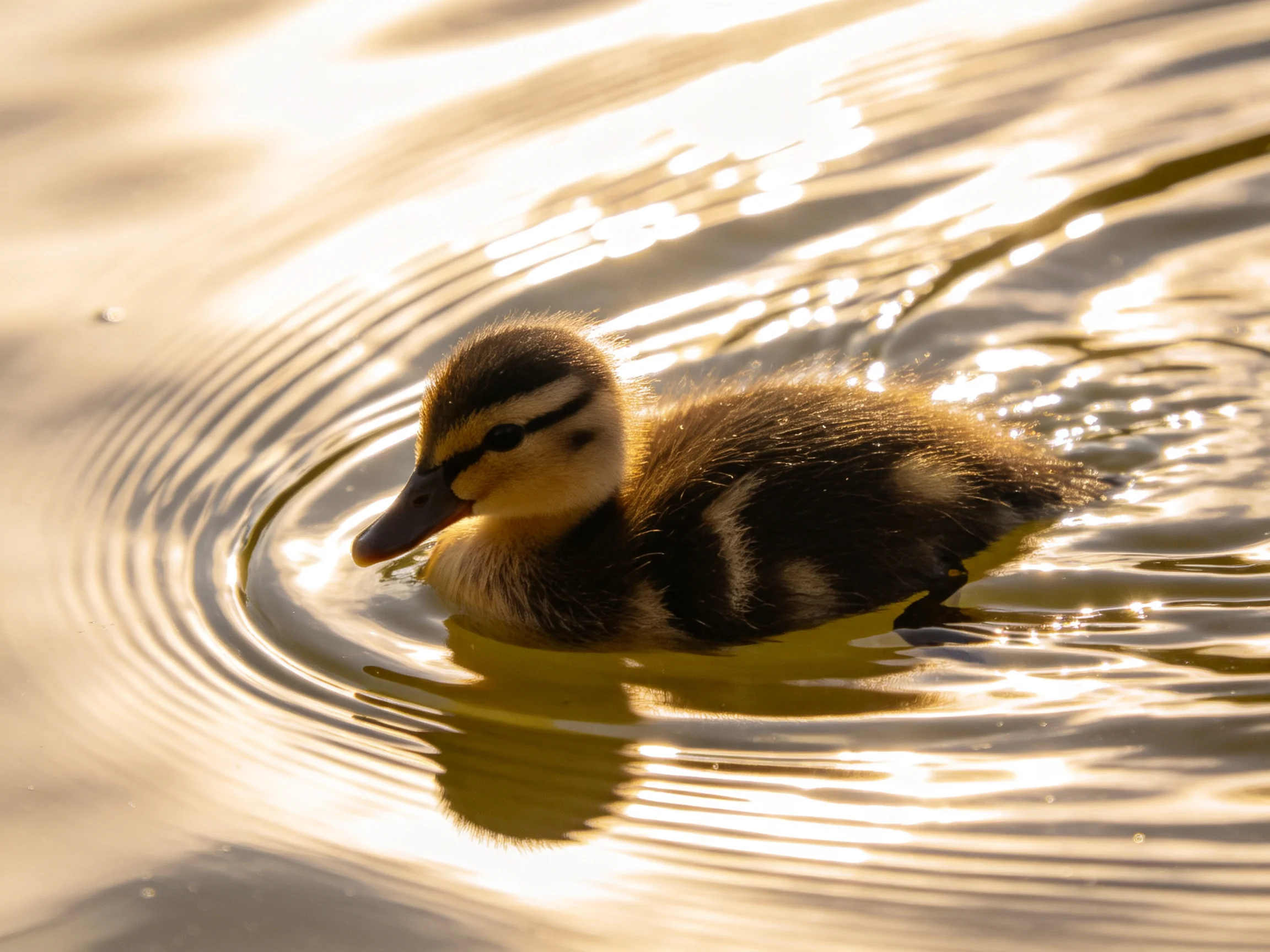 A young duckling swims through shimmering golden water, creating ripples.