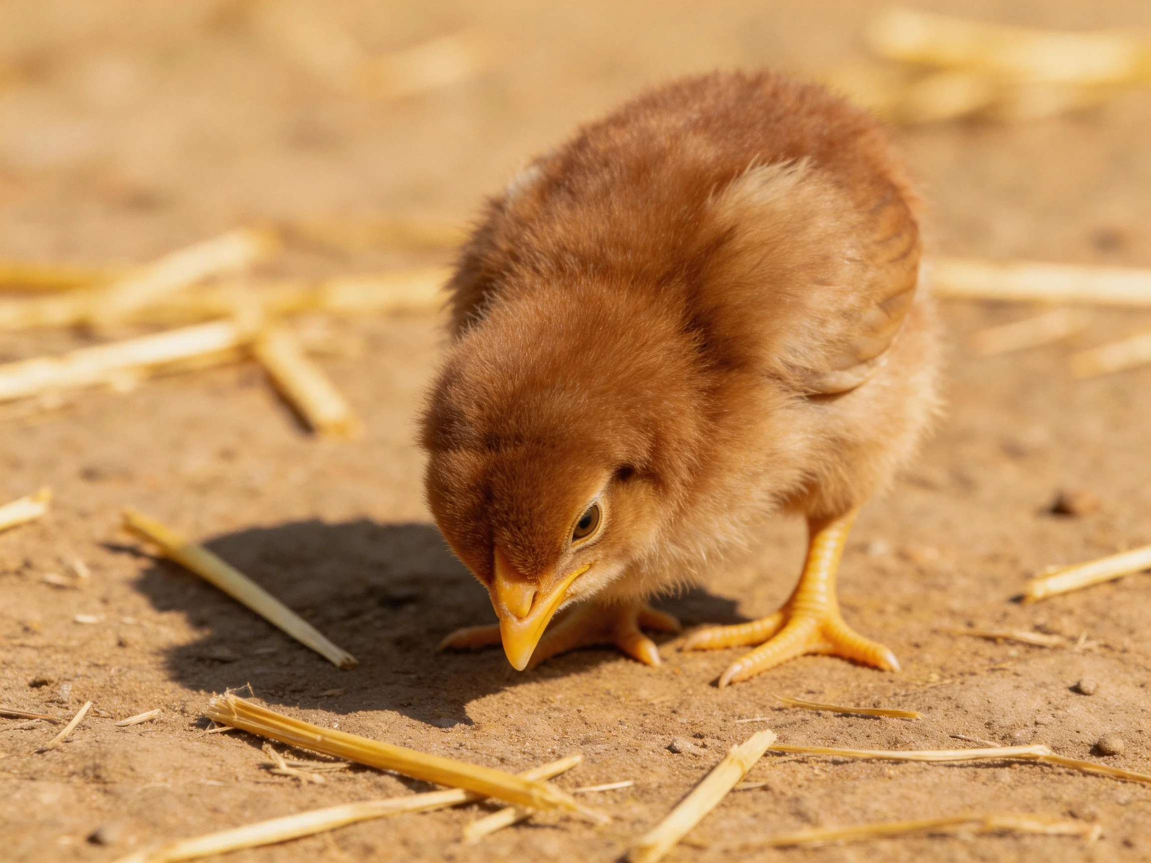 A small brown chick forages among scattered straw on dusty ground