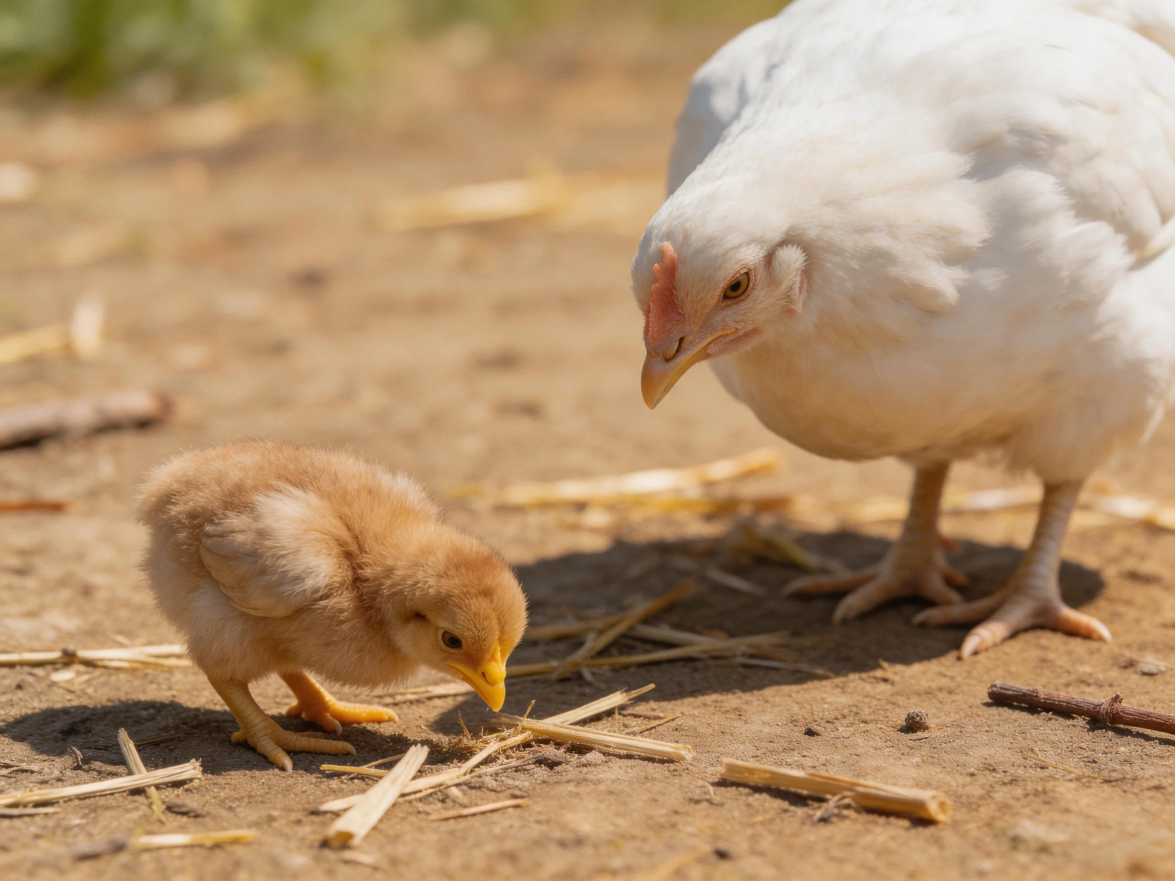 A small brown chick pecks at straw beside a large white hen outdoors