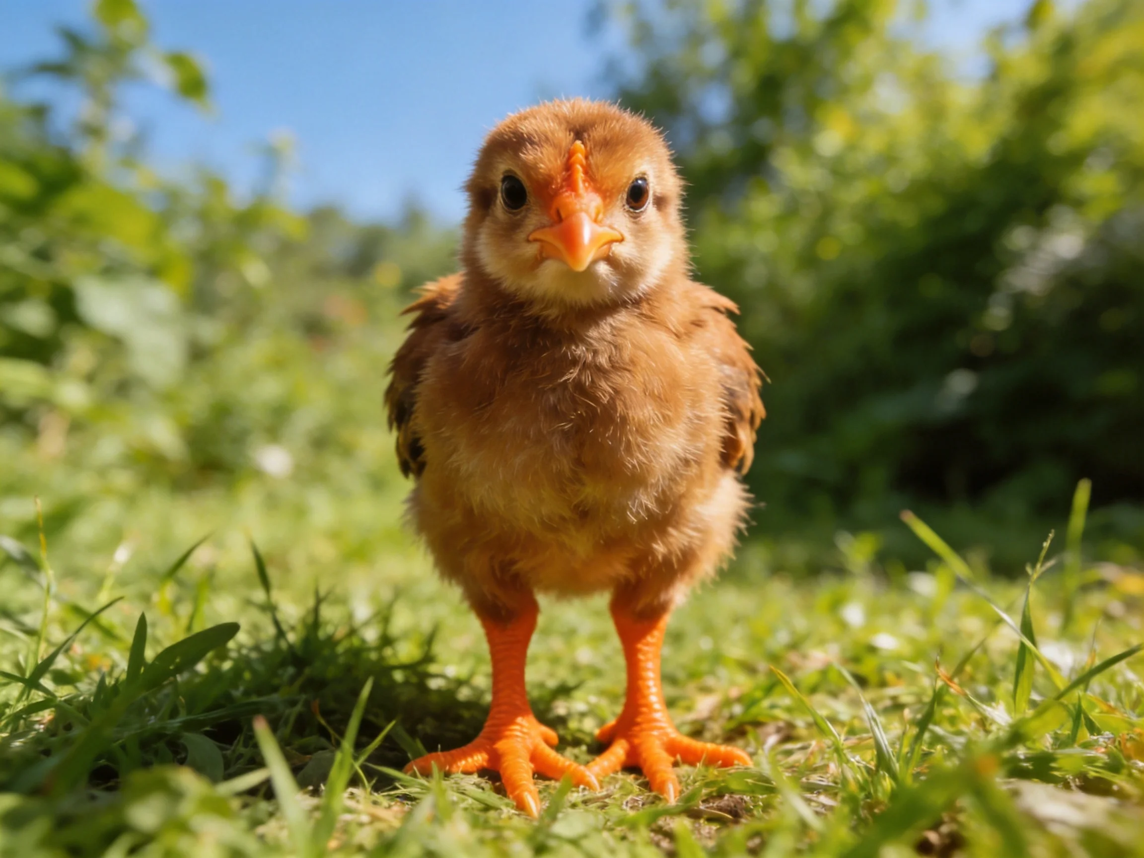 A small brown chick stands on green grass in a sunlit natural setting