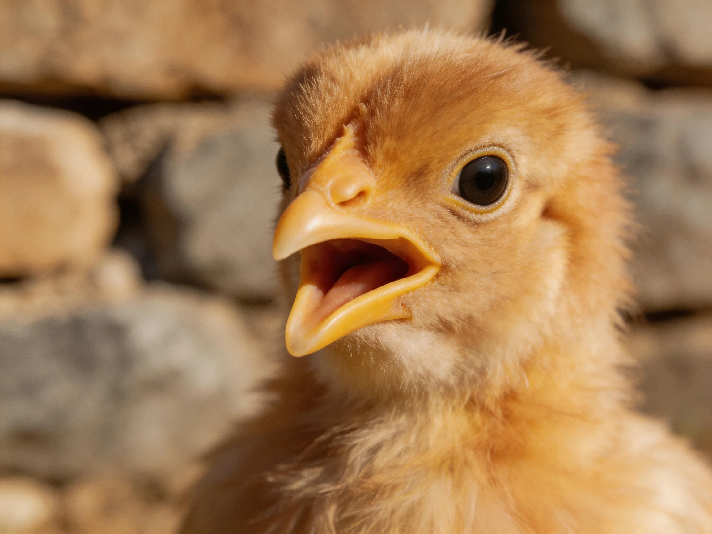 A small brown chick with open beak near a stone wall