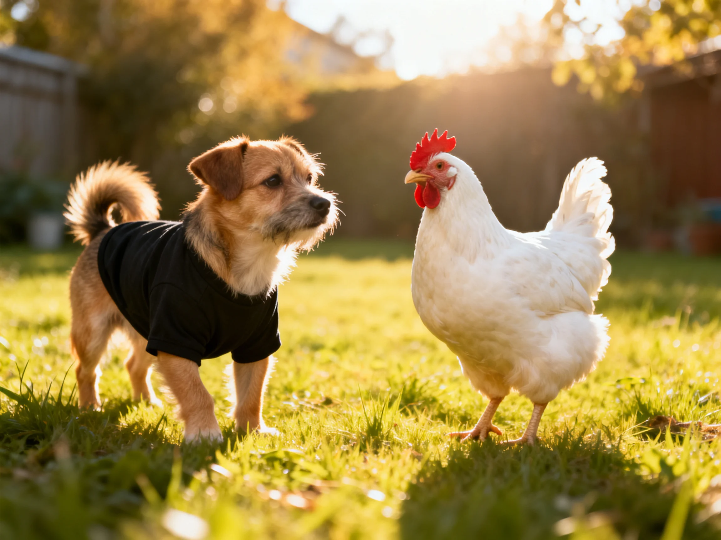 A small brown dog in a black shirt stands near a white chicken on sunlit grass