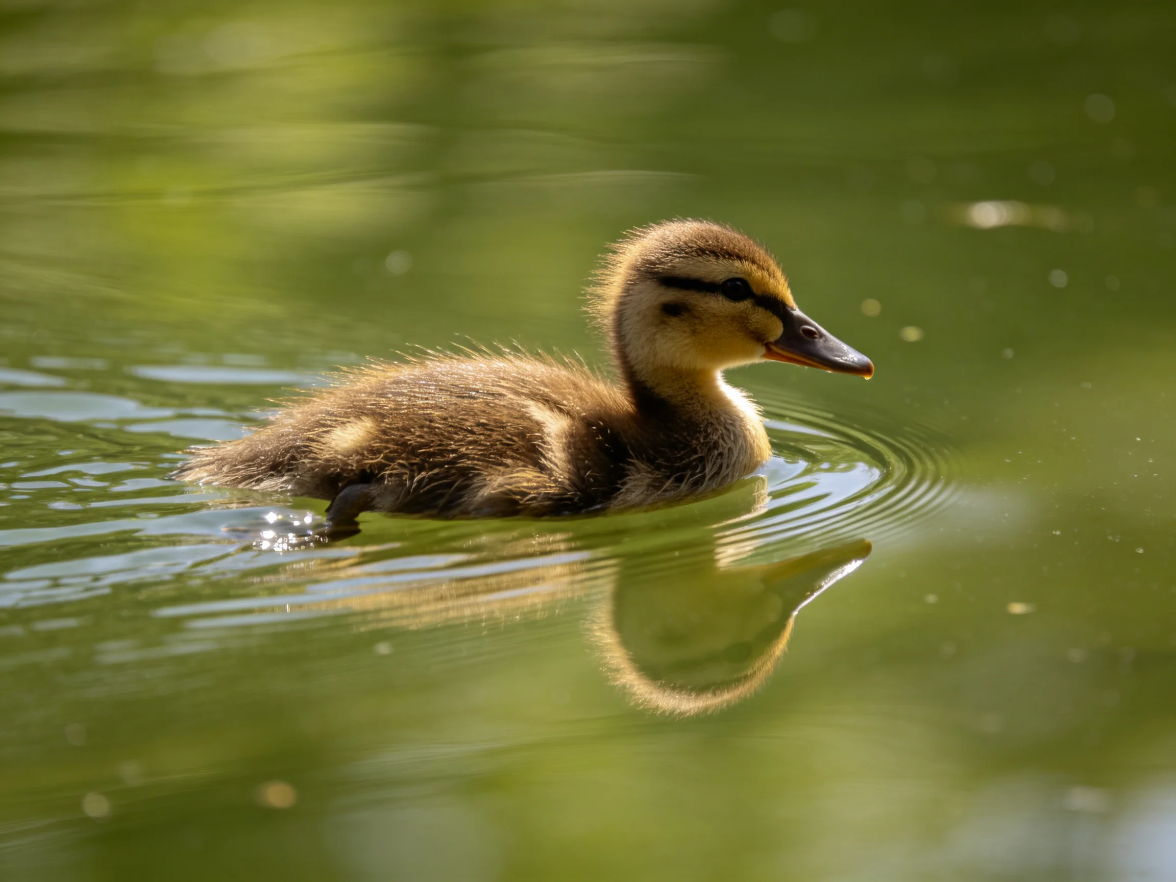 A small brown duckling glides through calm green water