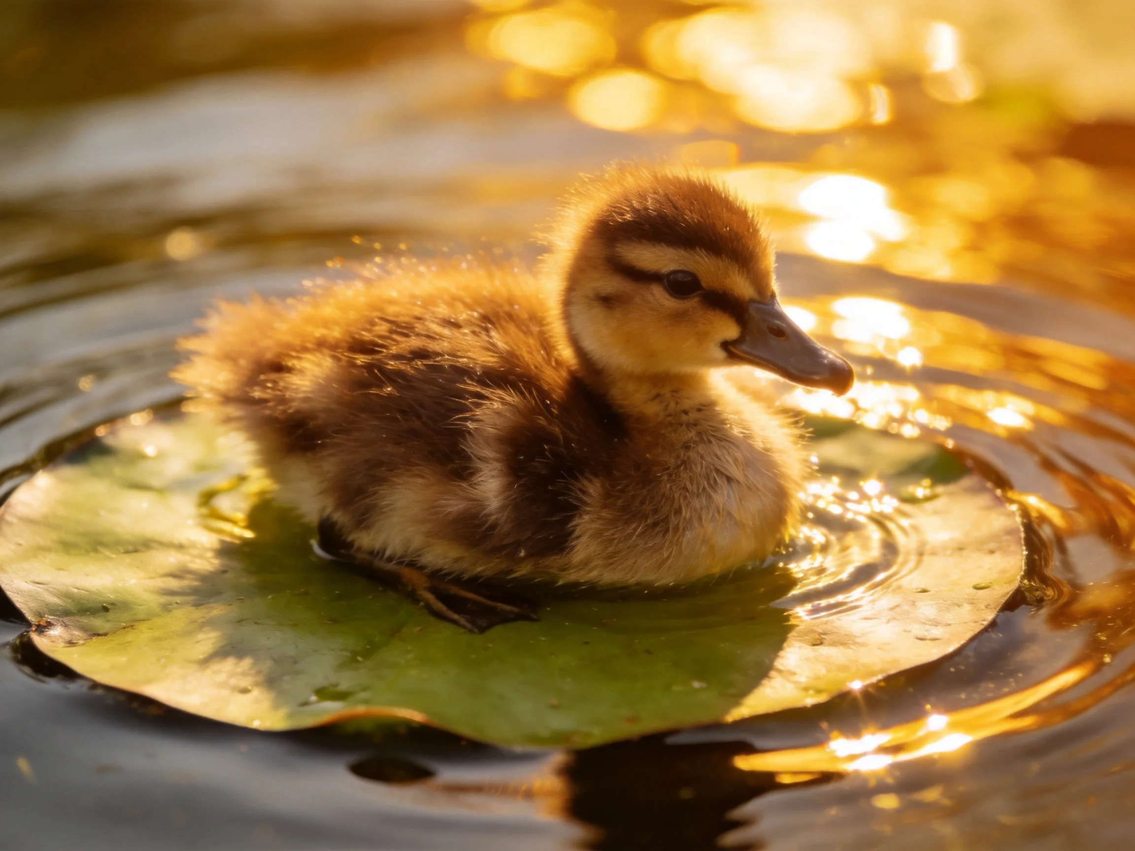 A small brown duckling rests on a green lily pad in sunlit water