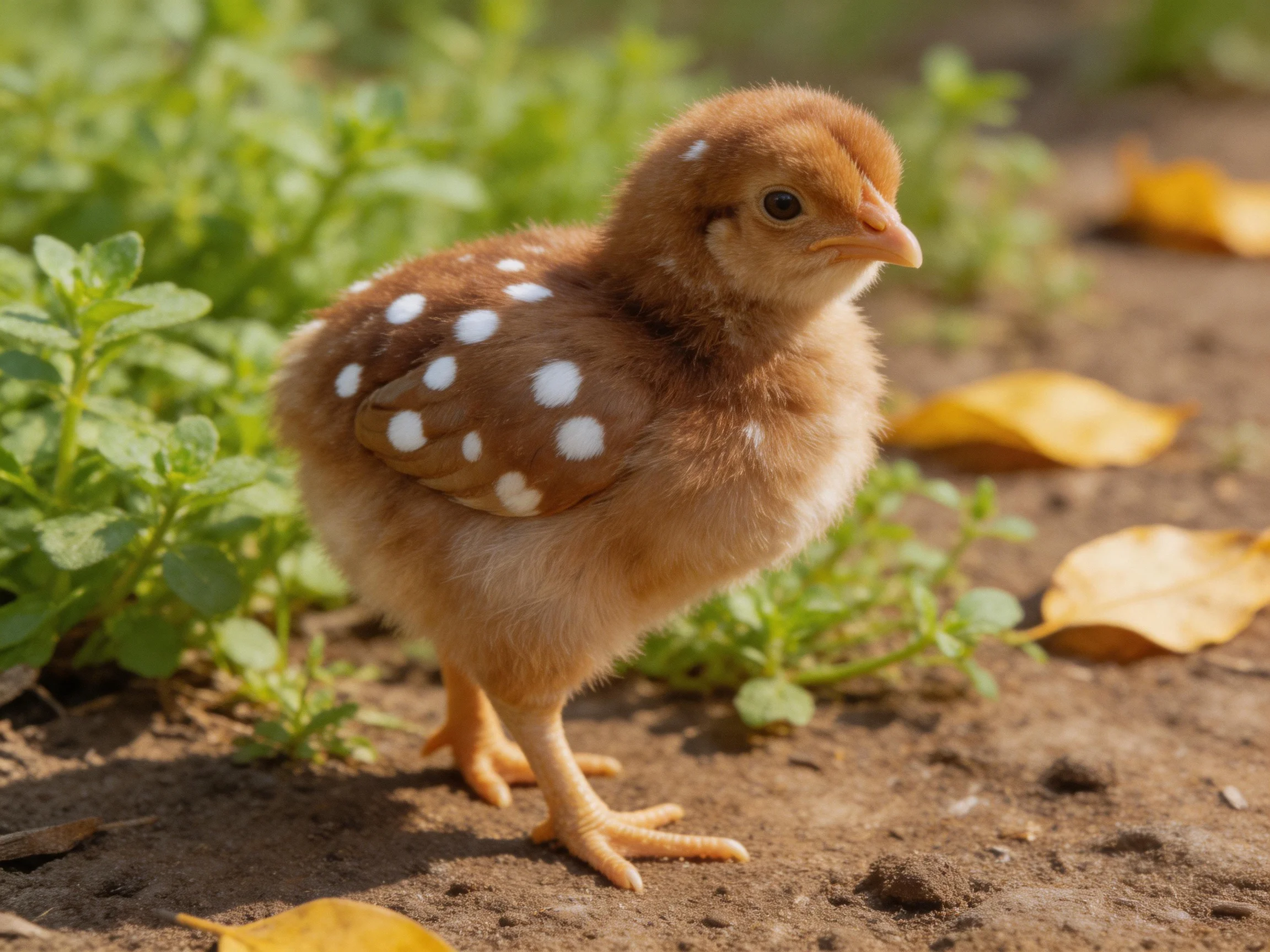 A small brown-spotted chick stands among green foliage and yellow leaves