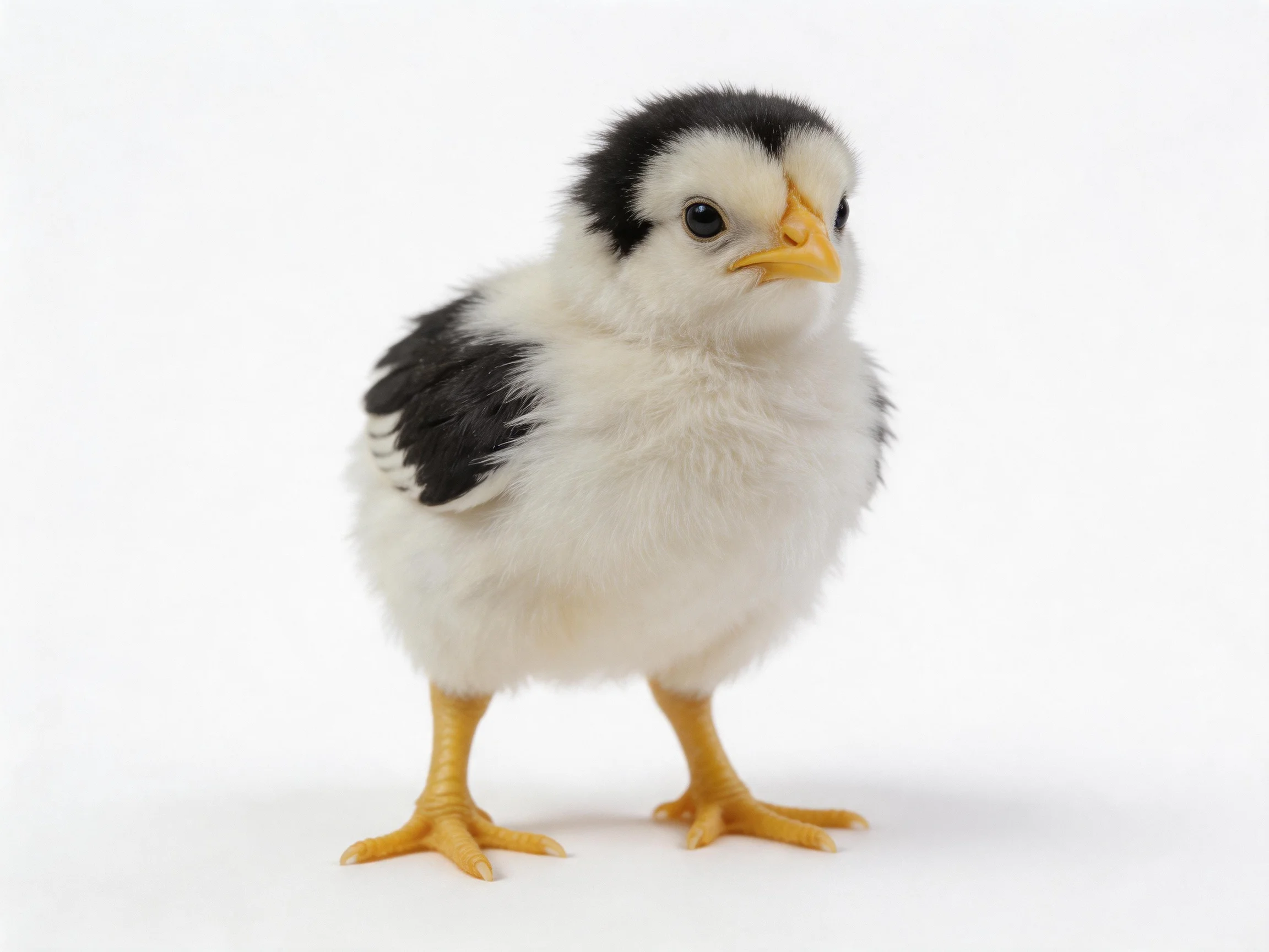 A small chick with black and white plumage, bright yellow beak and legs
