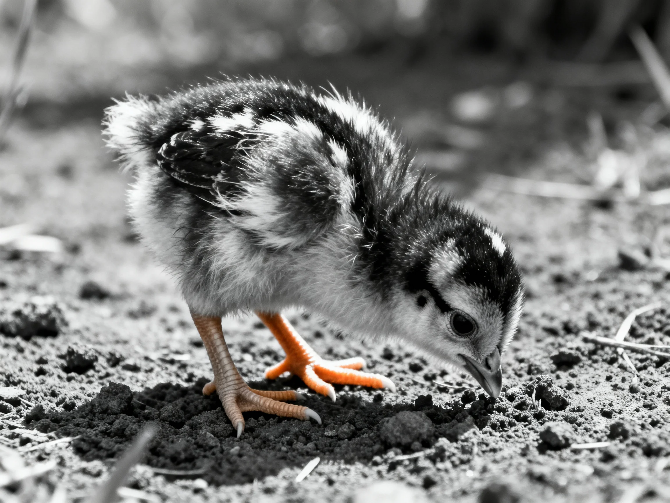 A small chick with orange feet pecking at dark soil