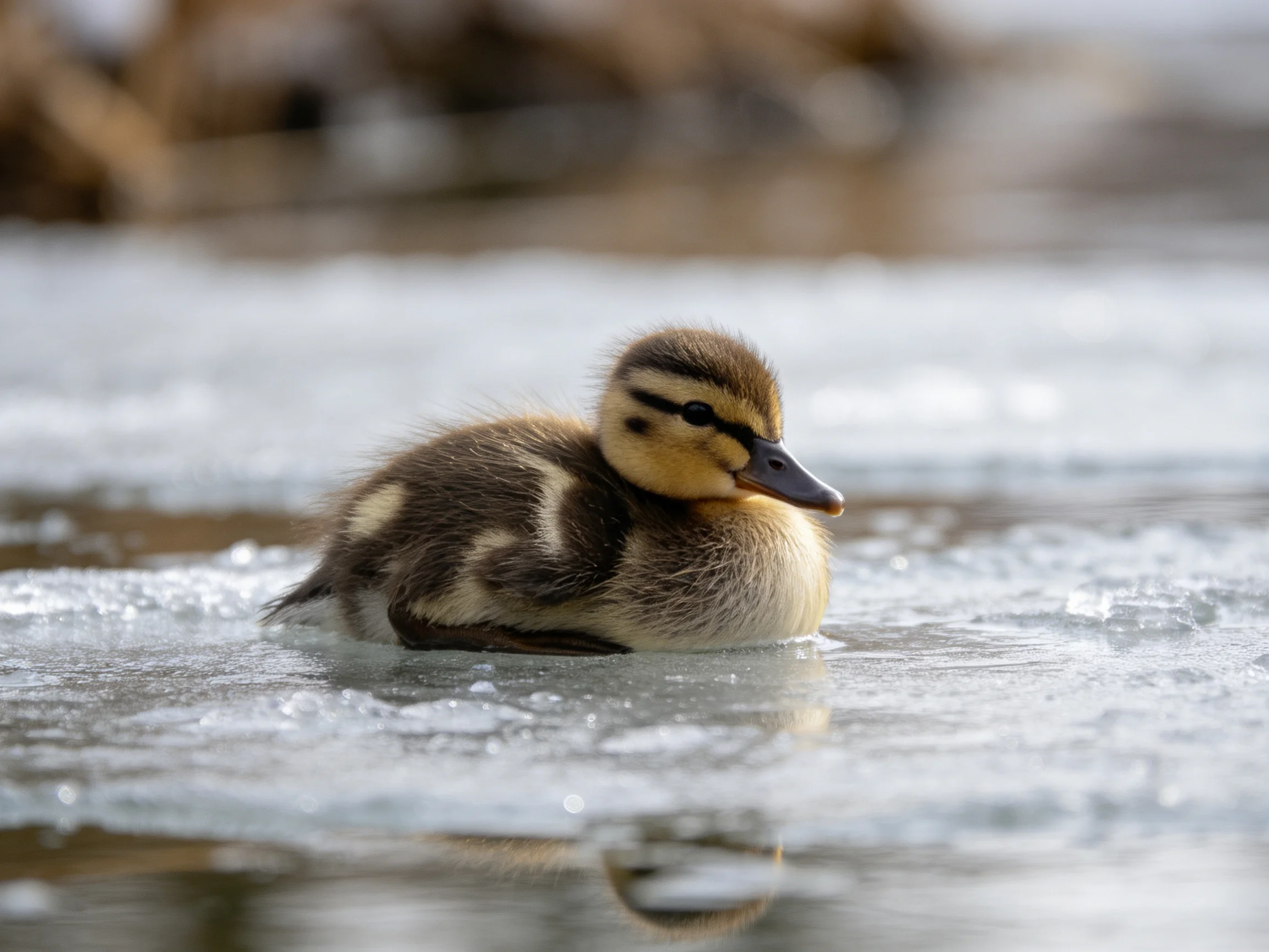 A small duckling with brown and yellow plumage swims near icy water