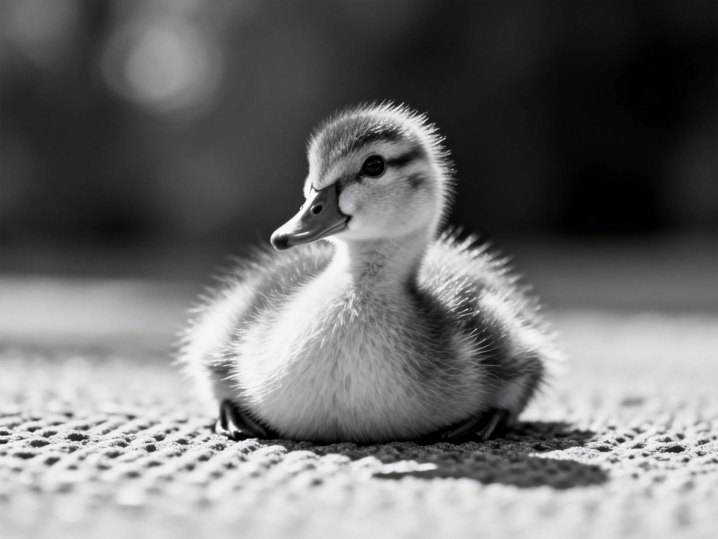 A small fluffy duckling rests on a textured surface