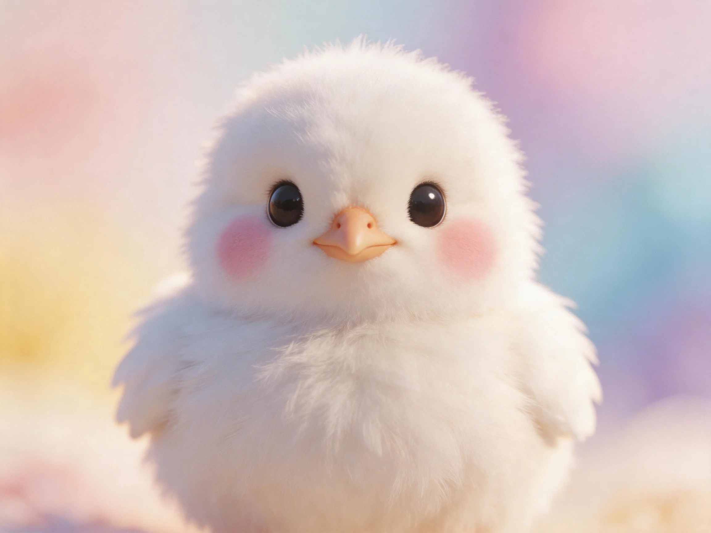 A small, fluffy white chick with pink cheeks against soft pastel backgrounds