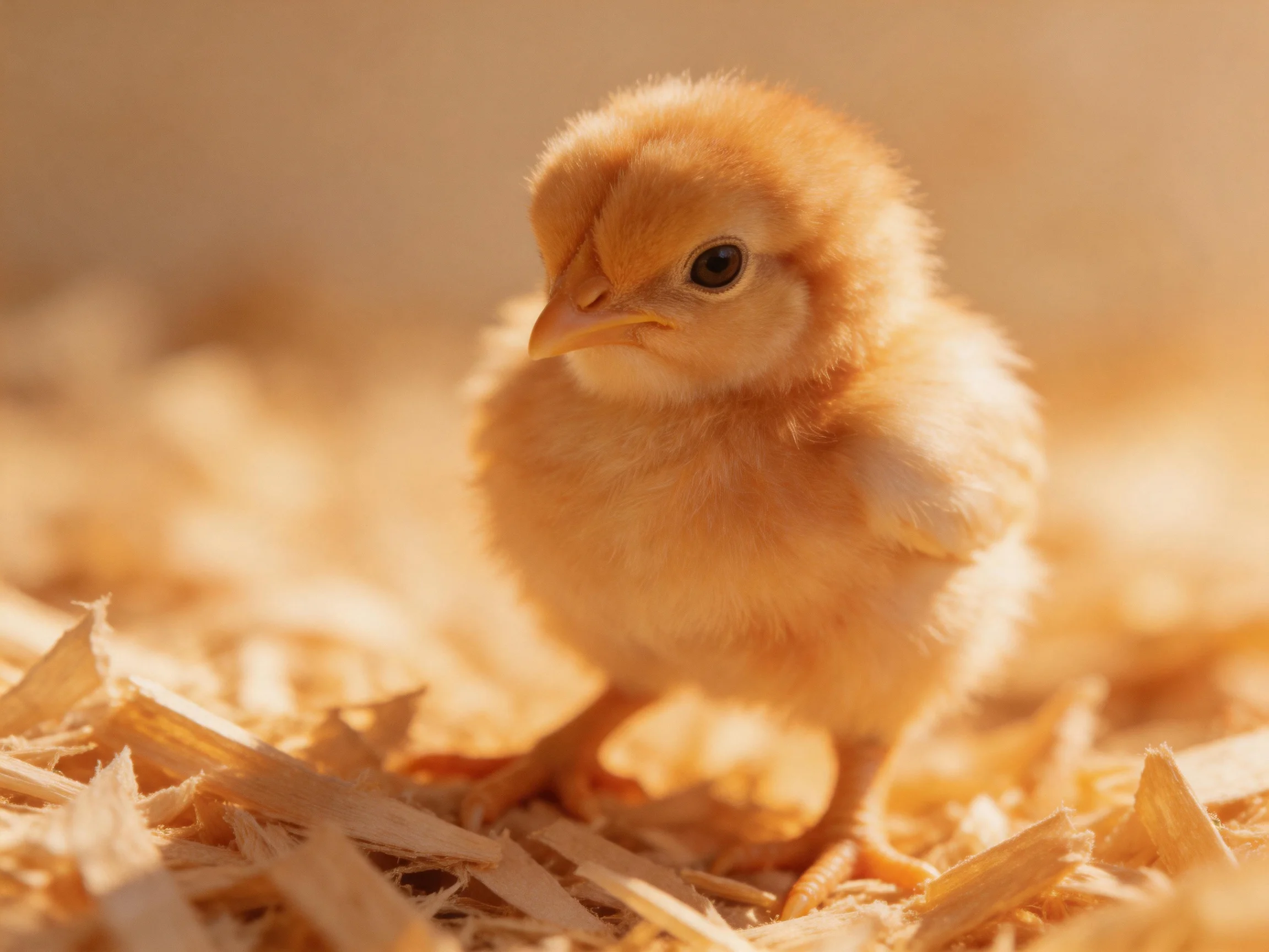 A small, fluffy yellow chick on wood shavings