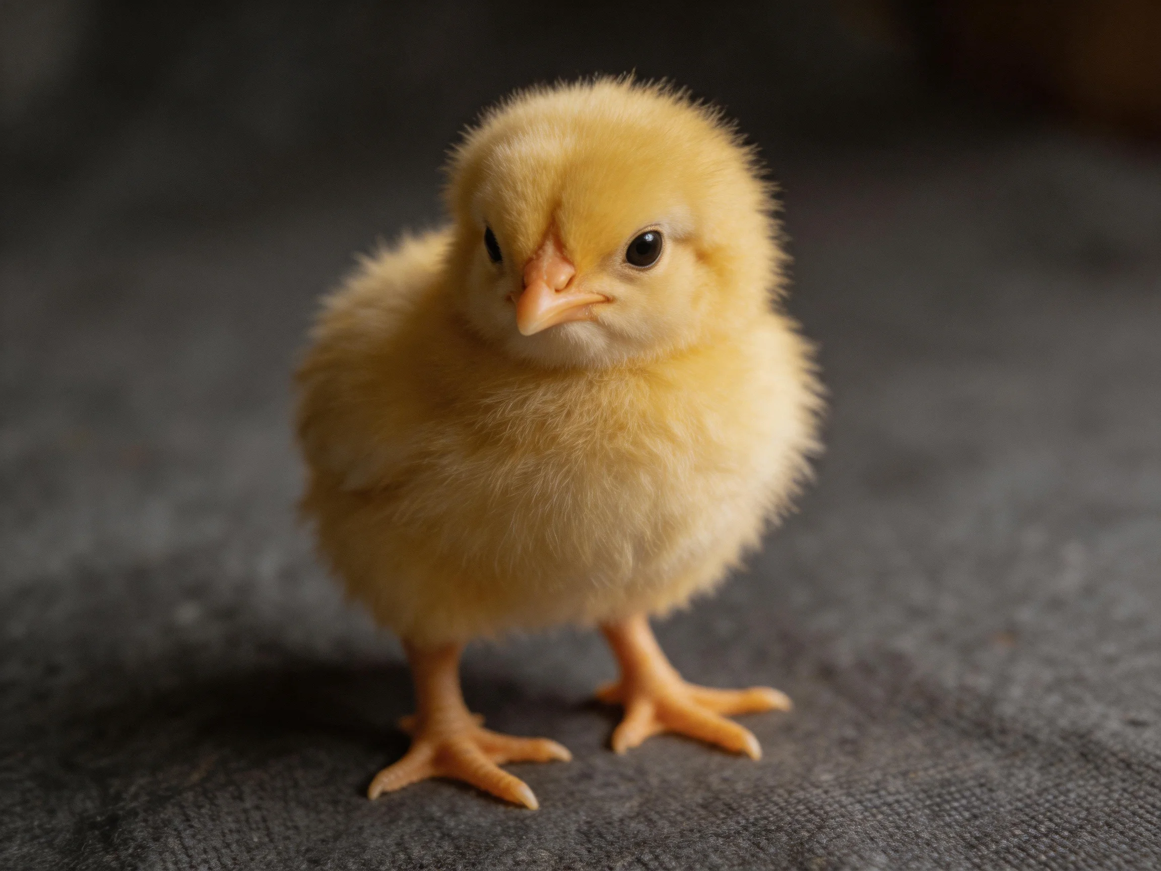 A small fluffy yellow chick standing on a dark fabric surface